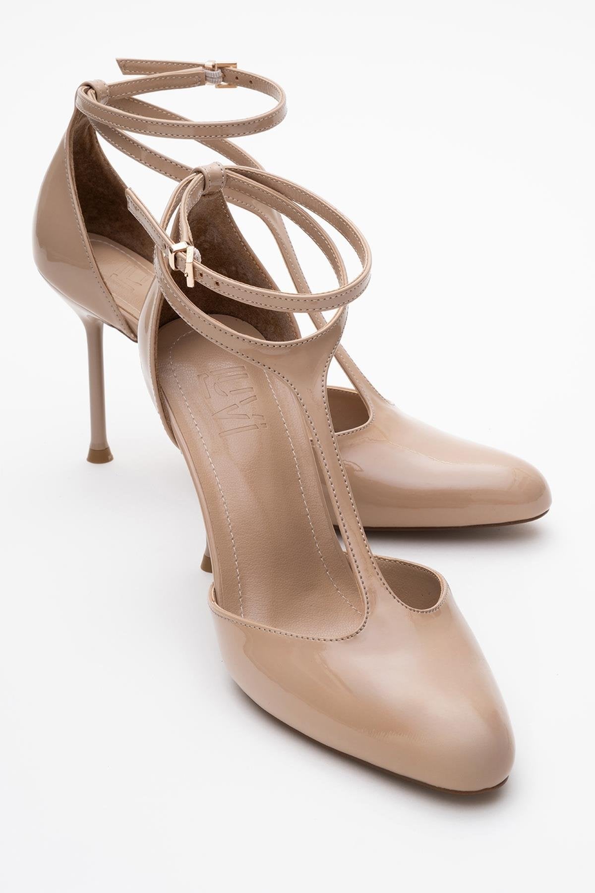 Jon - Beige Patent Stiletto Heel Shoe – front three-quarter view showing leather, SimmiUnique