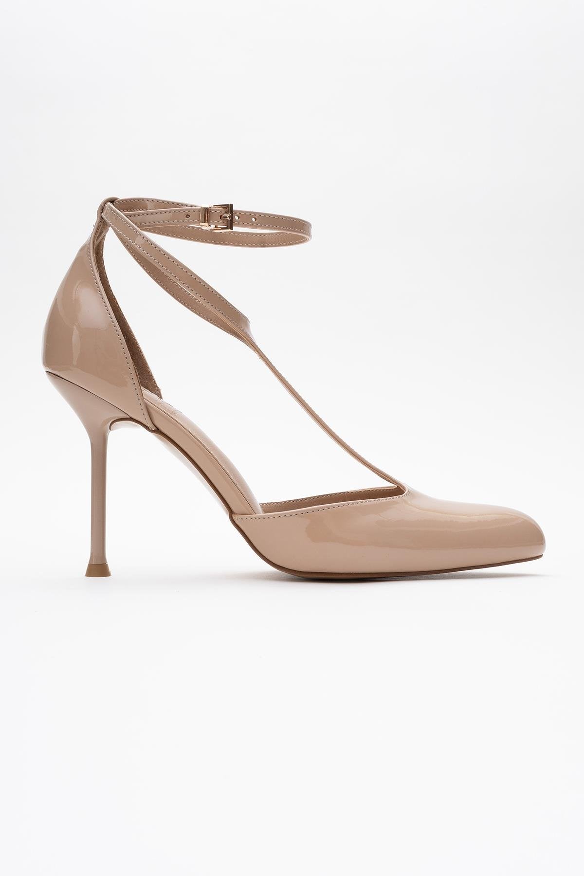Jon - Beige Patent Stiletto Heel Shoe – top view showing leather, SimmiUnique