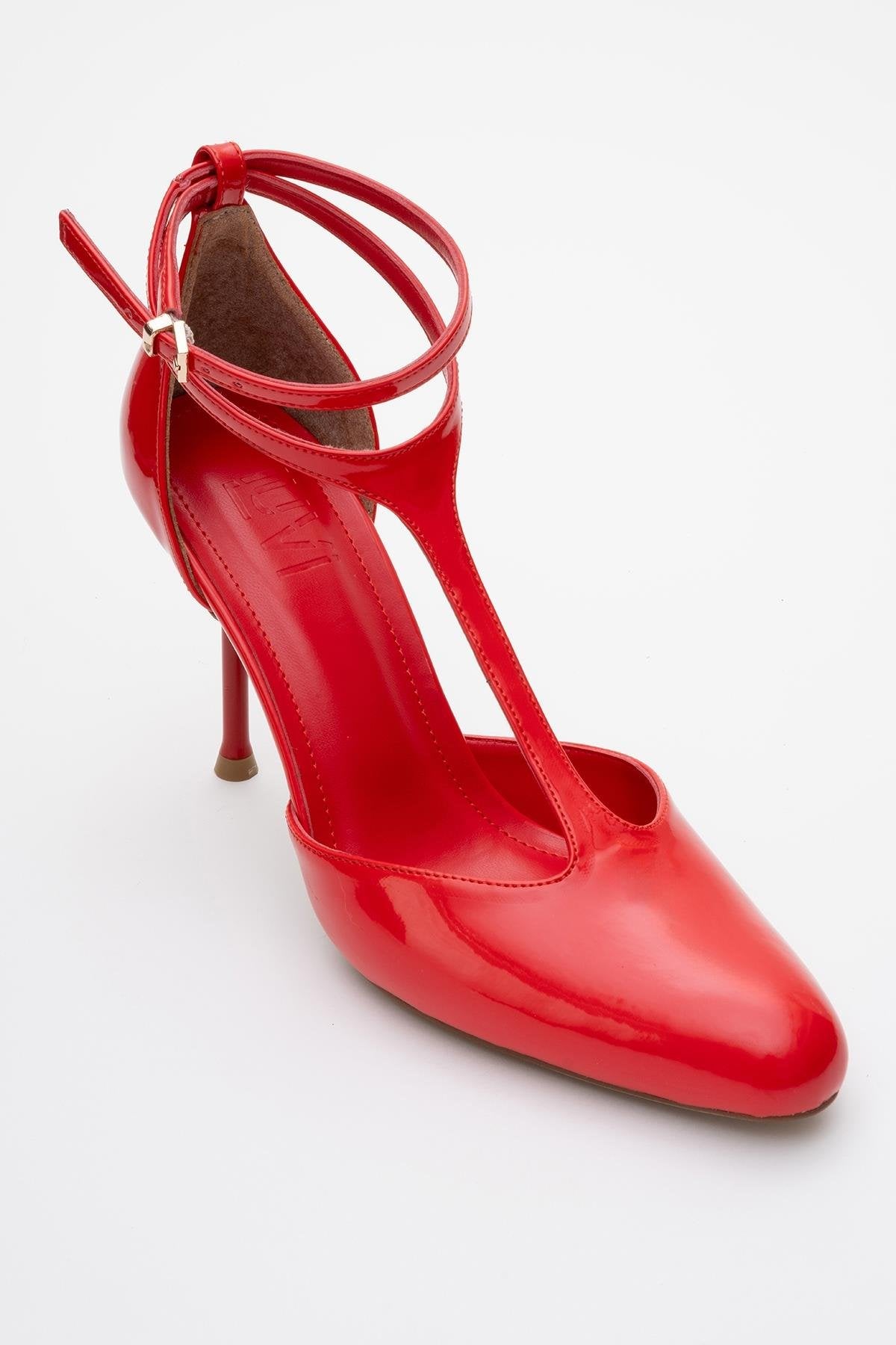 Jon - Red Patent Stiletto Heel Shoe – detail view showing leather, red, SimmiUnique
