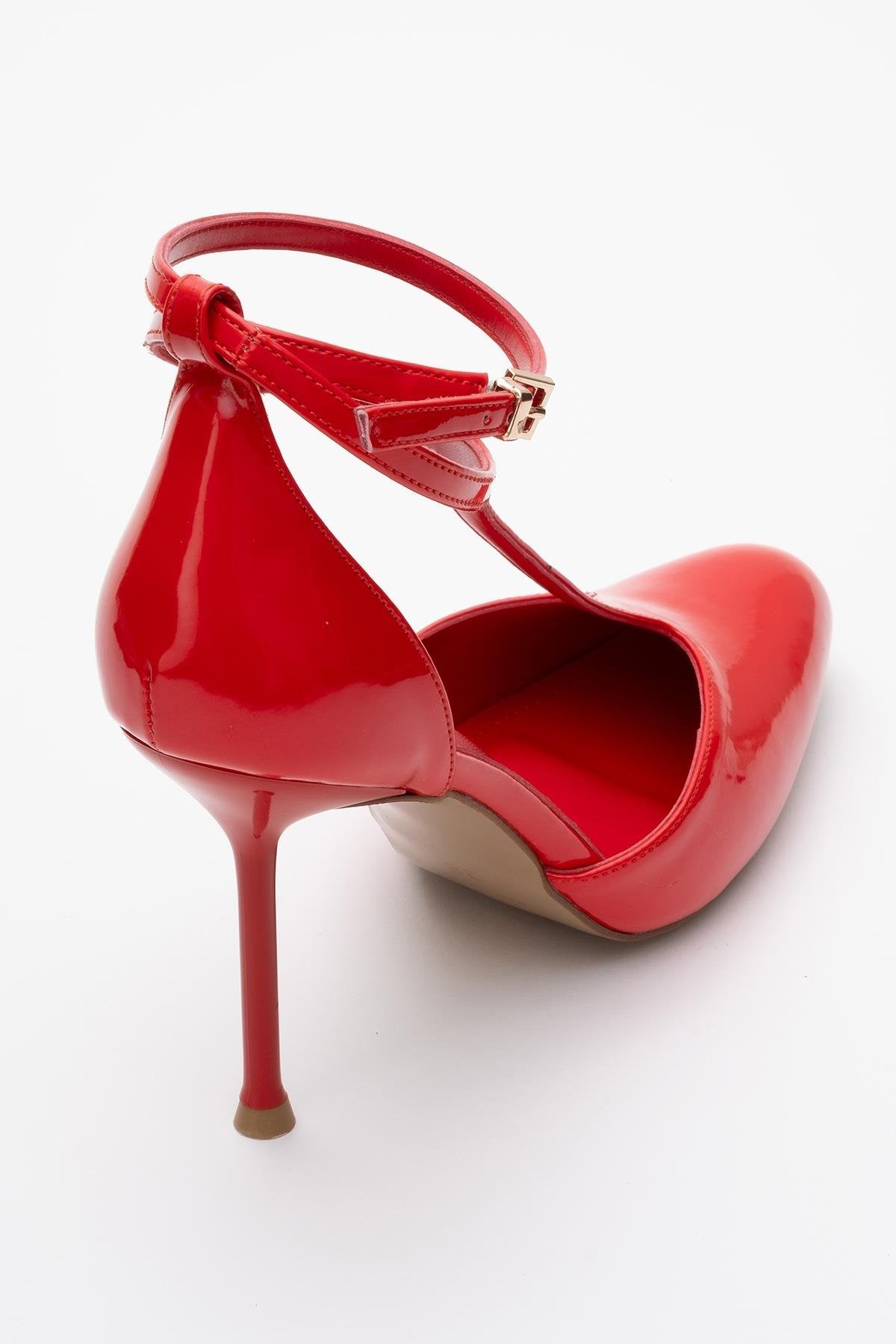 Jon - Red Patent Stiletto Heel Shoe – back view showing leather, red, SimmiUnique
