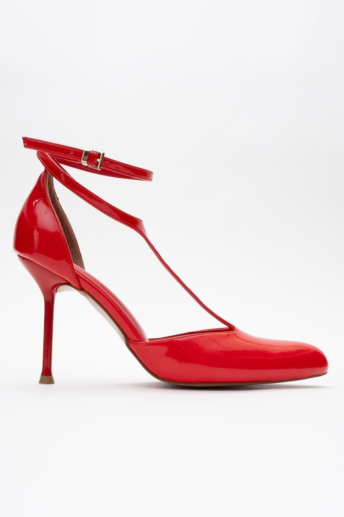 Jon - Red Patent Stiletto Heel Shoe – top view showing leather, red, SimmiUnique