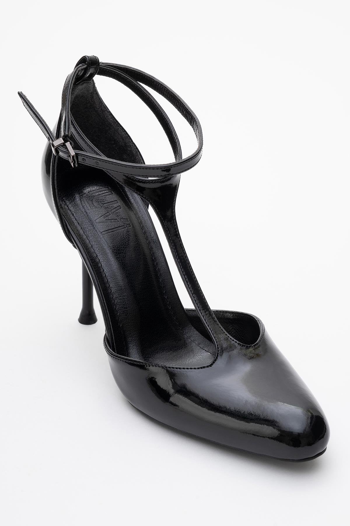 Jon - Black Patent Stiletto Heel Shoe – detail view showing leather, black, red, SimmiUnique