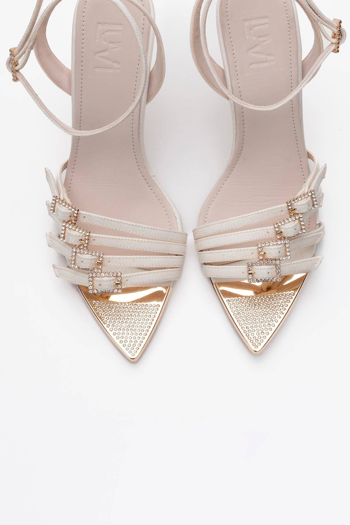Auro - Beige Satin Jeweled Buckle Heeled Shoe – side view showing satin, SimmiUnique
