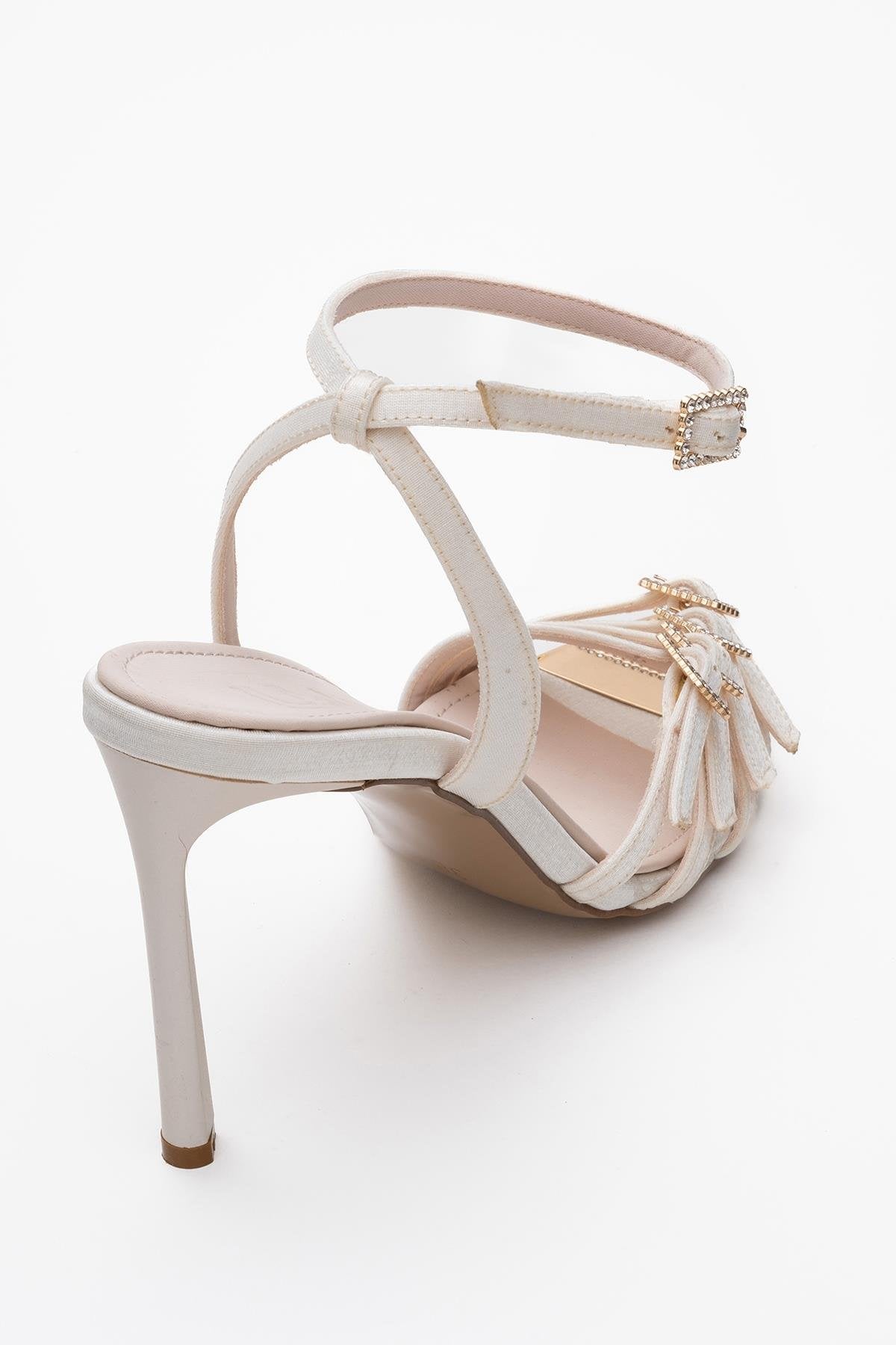 Auro - Beige Satin Jeweled Buckle Heeled Shoe – back view showing satin, SimmiUnique