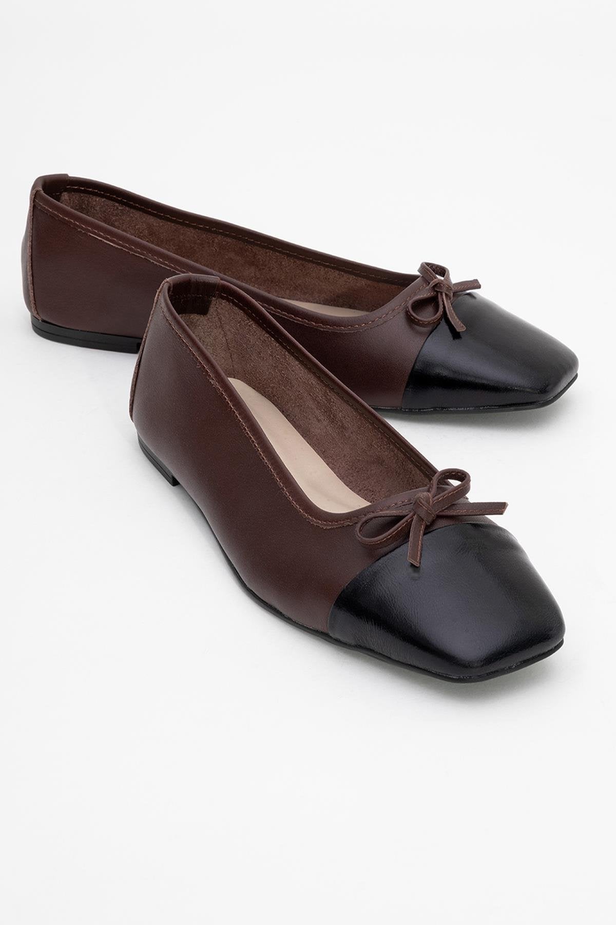 Romy - Brown-Black Genuine Leather Ballet Flat – front three-quarter view showing leather, black, SimmiUnique