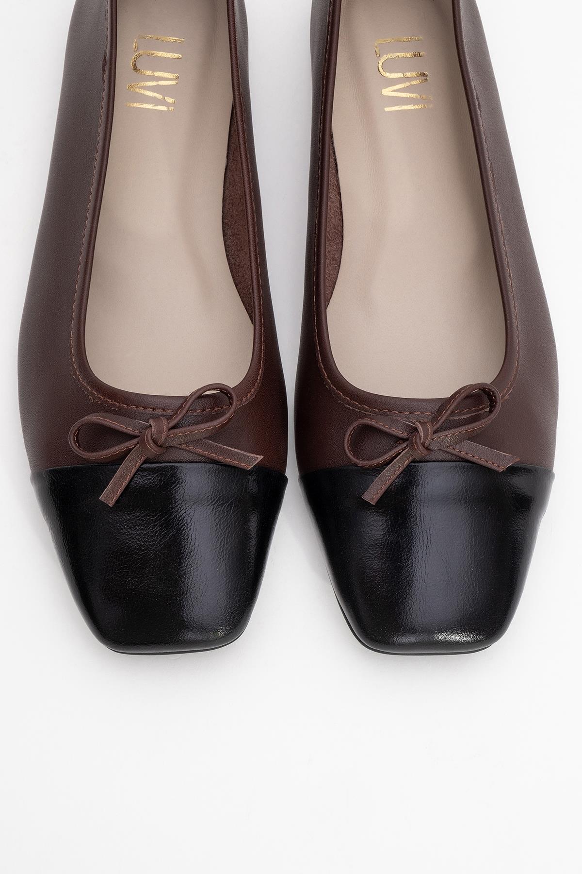 Romy - Brown-Black Genuine Leather Ballet Flat – side view showing leather, black, SimmiUnique