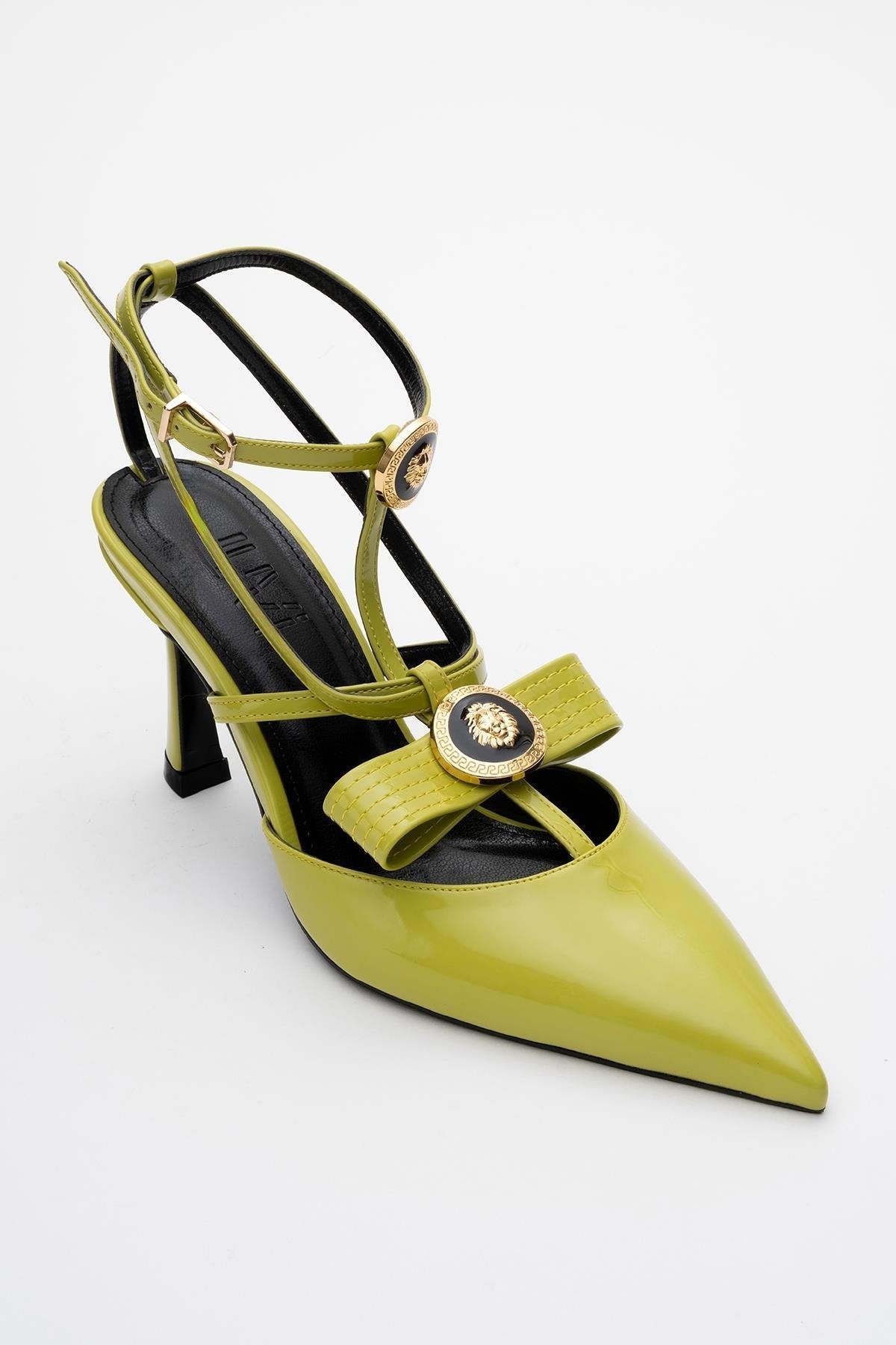 Peal - Green Patent Heeled Shoe – heel view showing leather, green, SimmiUnique