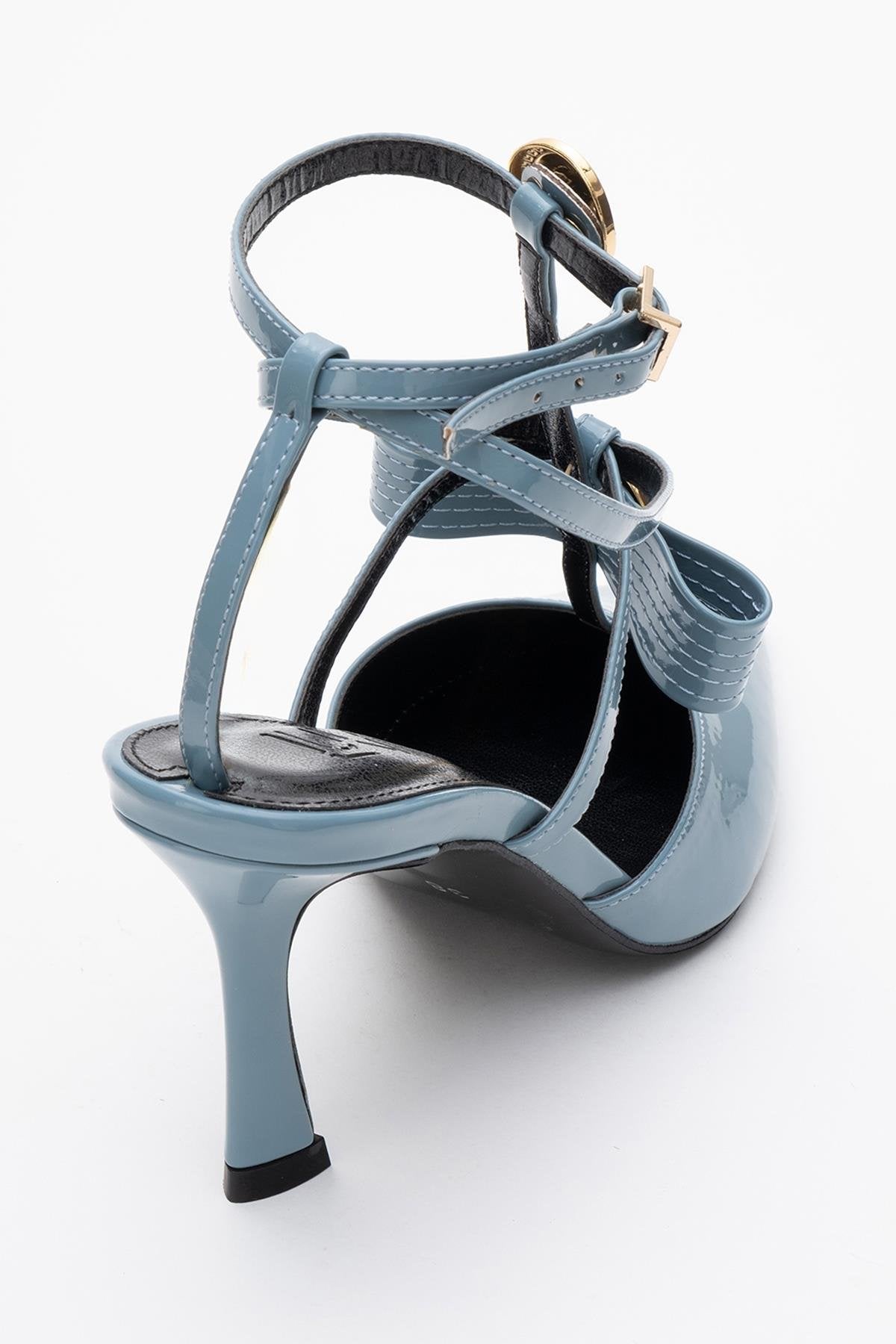Peal - Blue Patent Heeled Shoe – top view showing leather, blue, SimmiUnique