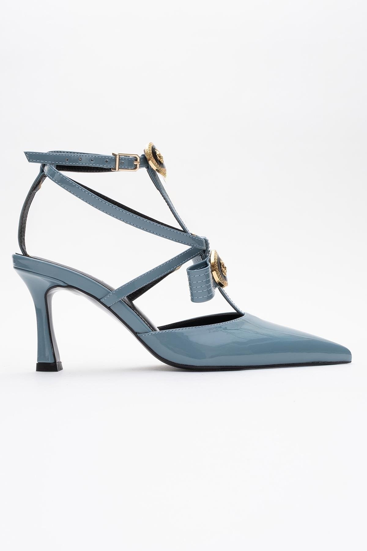 Peal - Blue Patent Heeled Shoe – sole view showing leather, blue, SimmiUnique