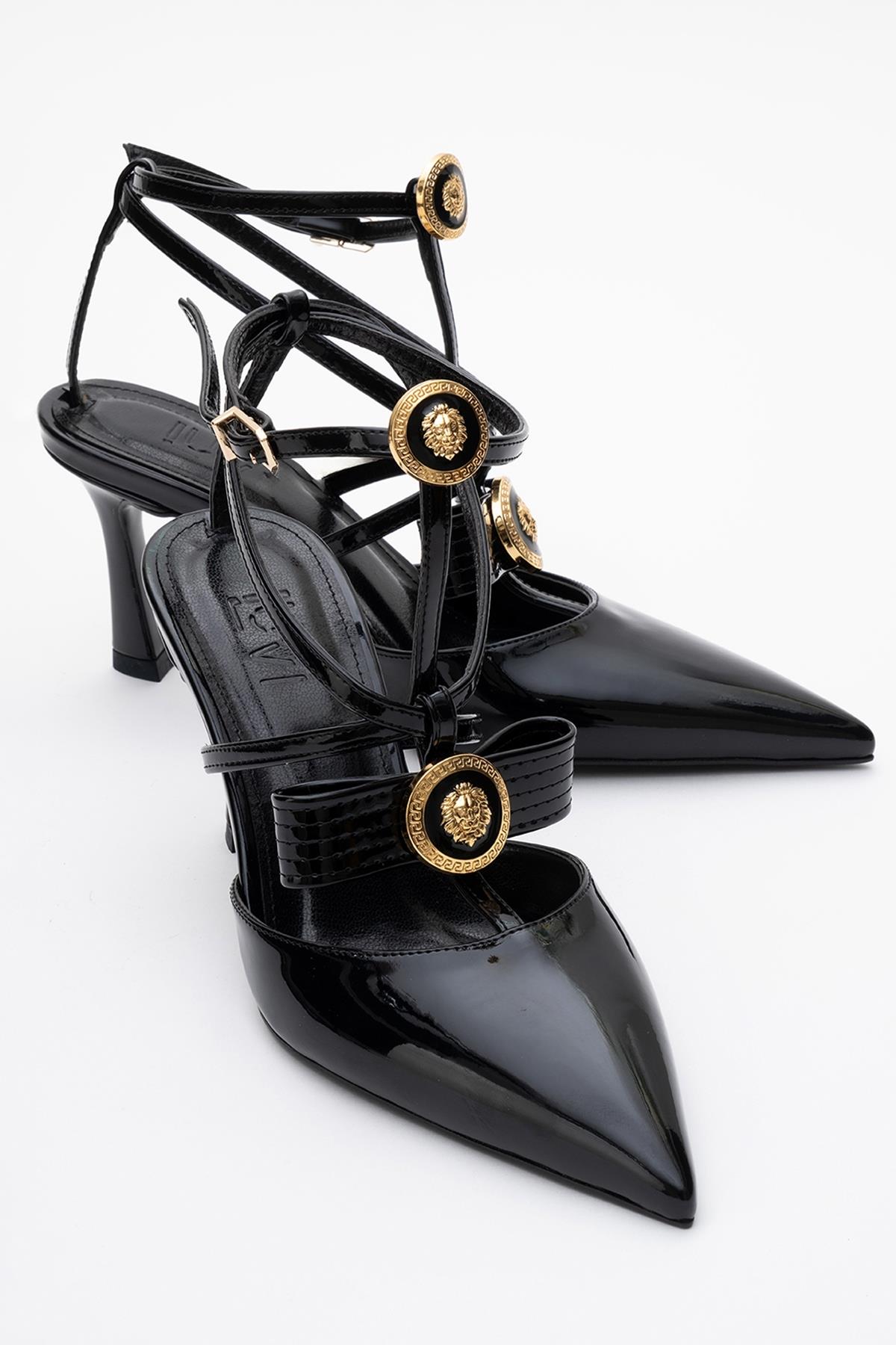 Peal - Black Patent Heeled Shoe – front three-quarter view showing leather, black, SimmiUnique