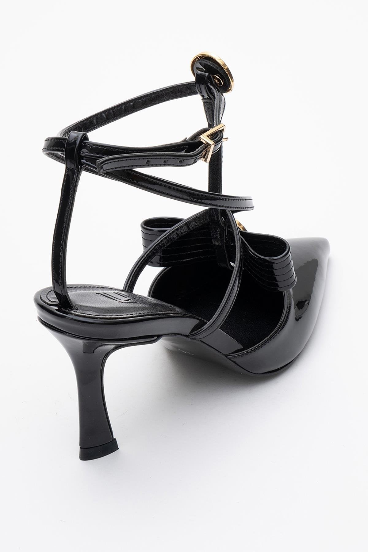 Peal - Black Patent Heeled Shoe – top view showing leather, black, SimmiUnique