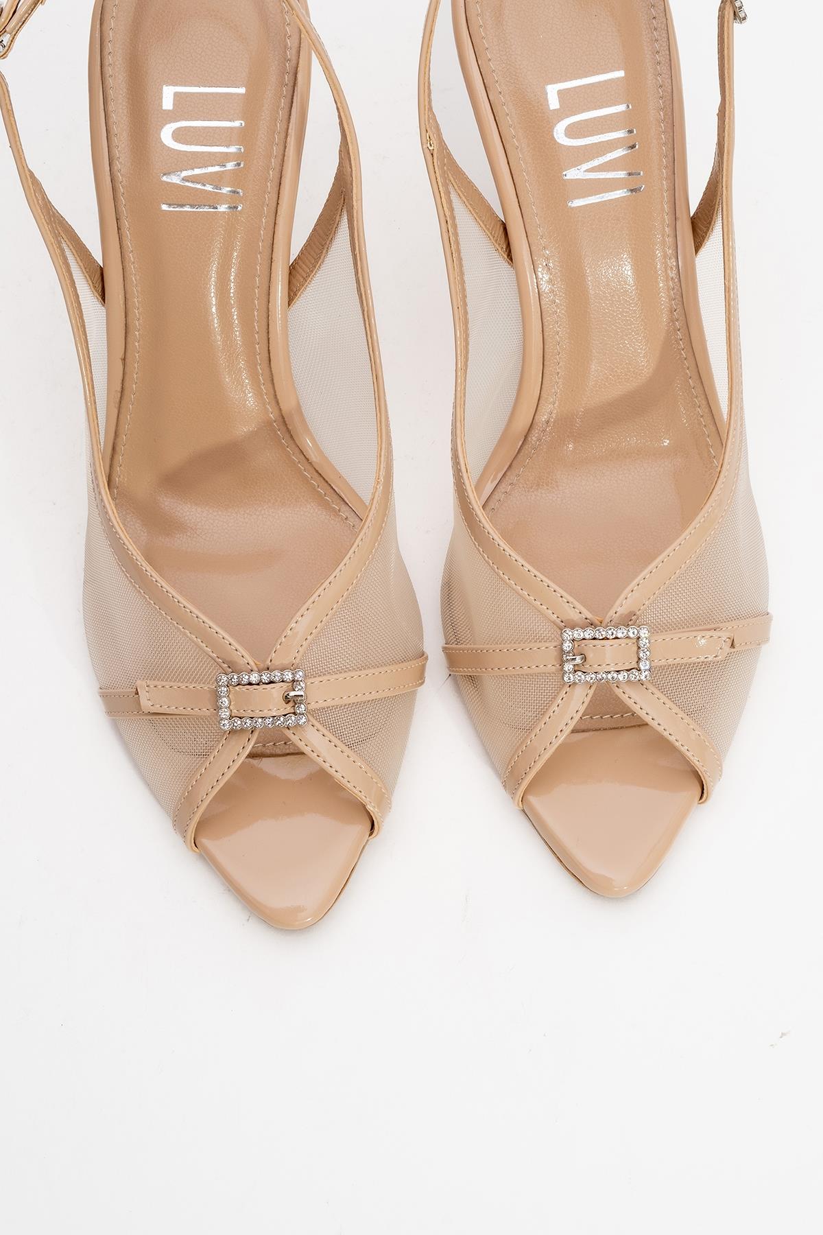 Elyse - Beige High-Heel Evening Shoe – side view showing leather, mesh, SimmiUnique