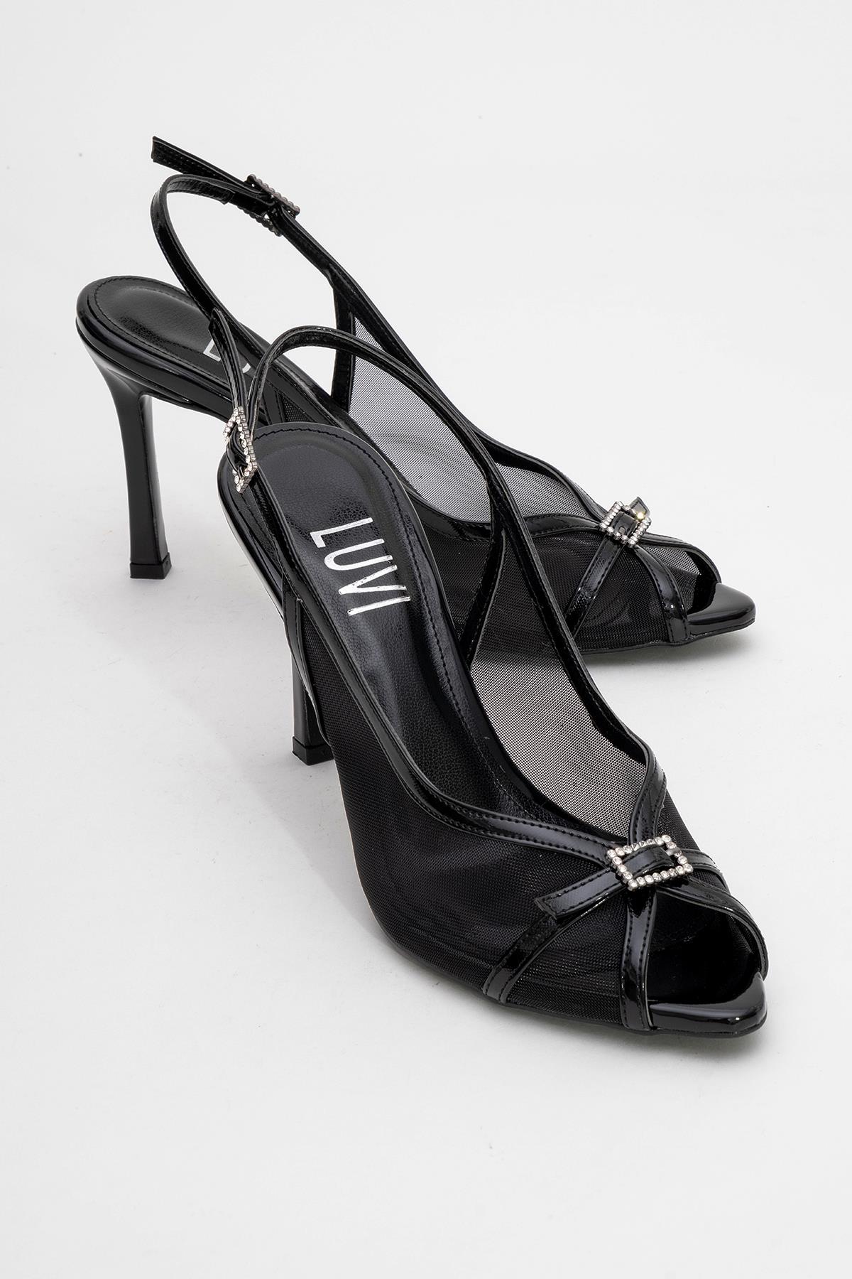Elyse - Black High-Heel Evening Shoe – front three-quarter view showing leather, mesh, black, SimmiUnique