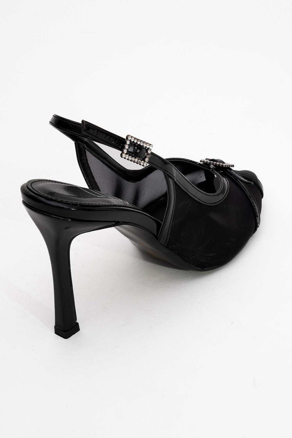 Elyse - Black High-Heel Evening Shoe – back view showing leather, mesh, black, SimmiUnique
