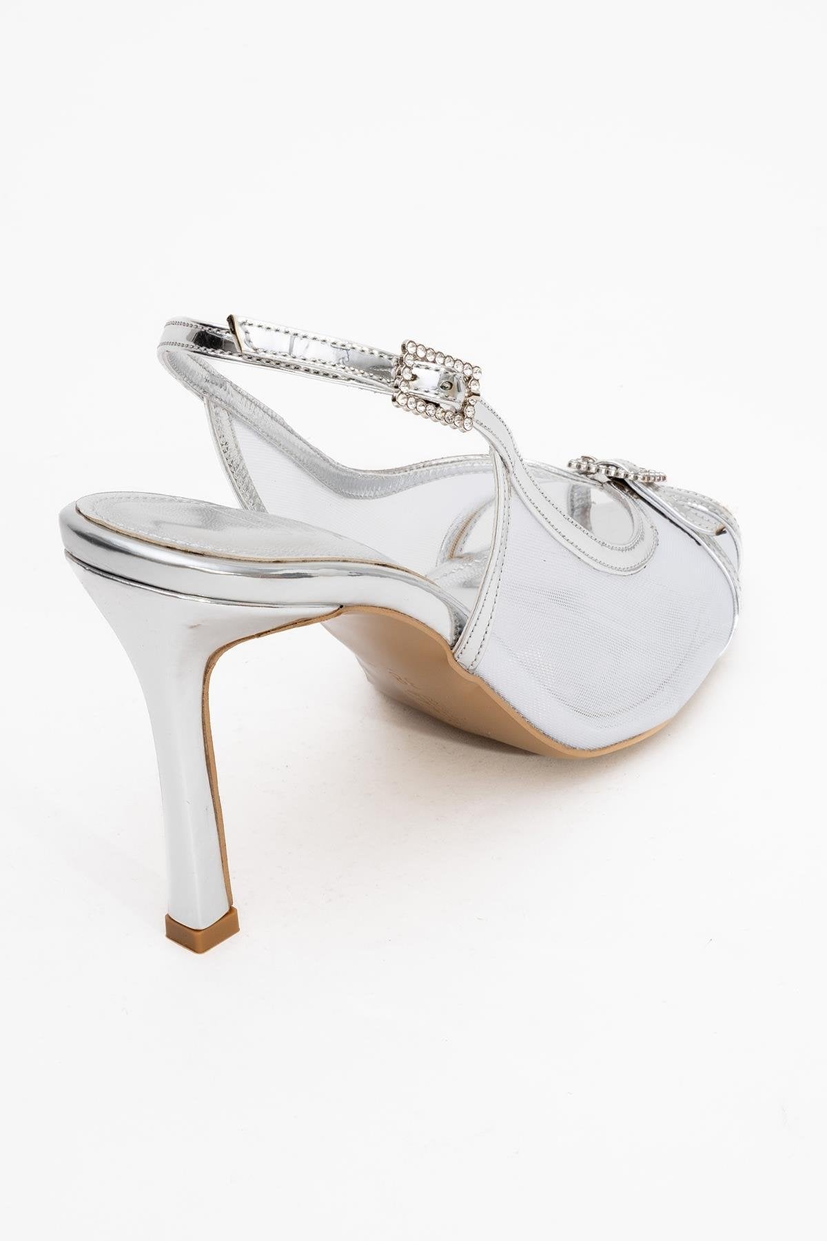 Elyse - Silver High-Heel Evening Shoe – back view showing leather, silver, SimmiUnique