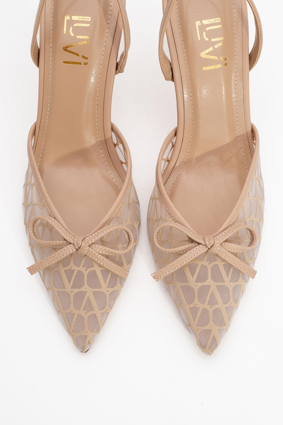 Peony - Beige Mesh Bow Pointed Toe Pump – side view showing bow, leather, mesh, SimmiUnique