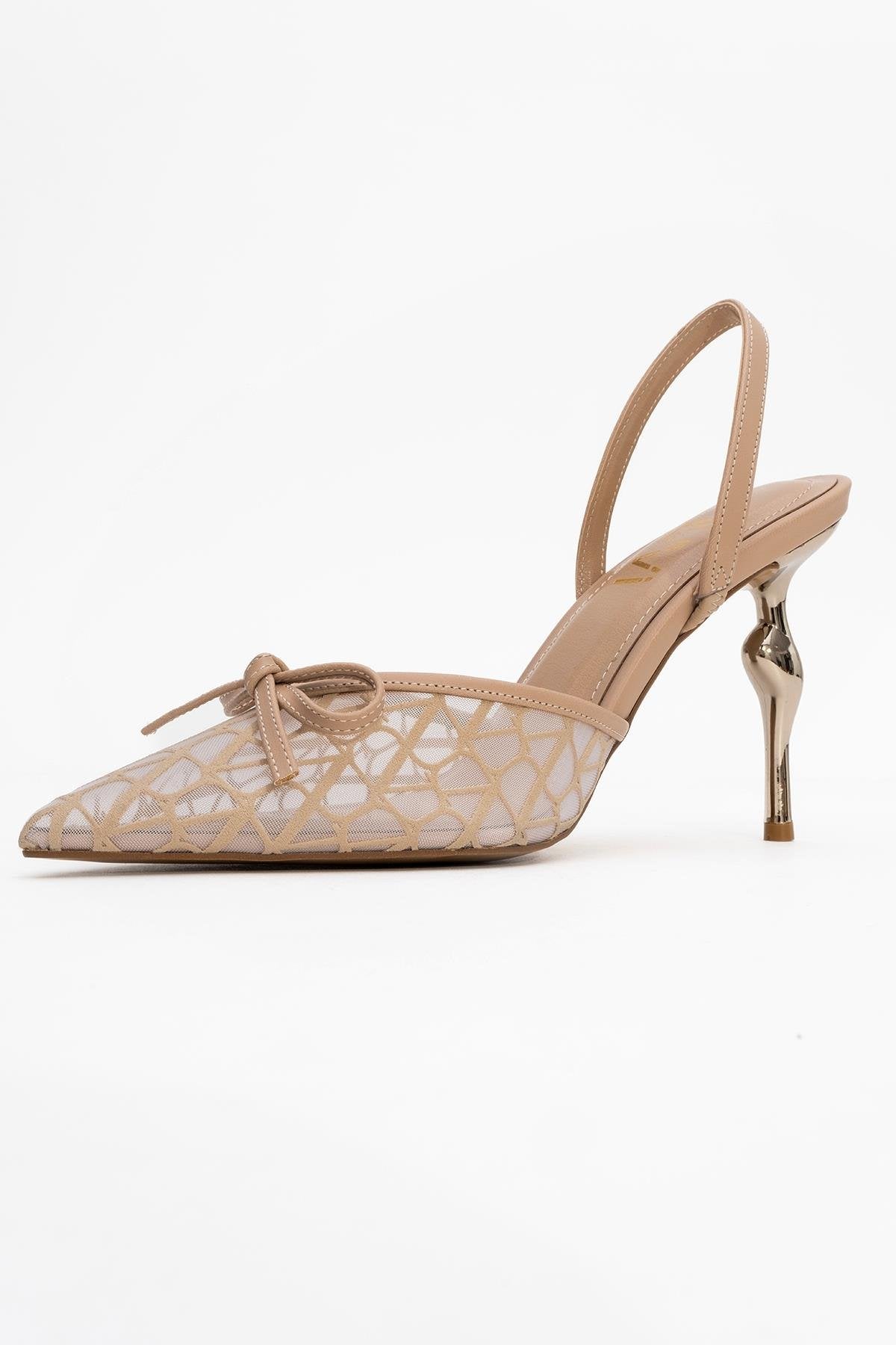 Peony - Beige Mesh Bow Pointed Toe Pump – heel view showing bow, leather, mesh, SimmiUnique