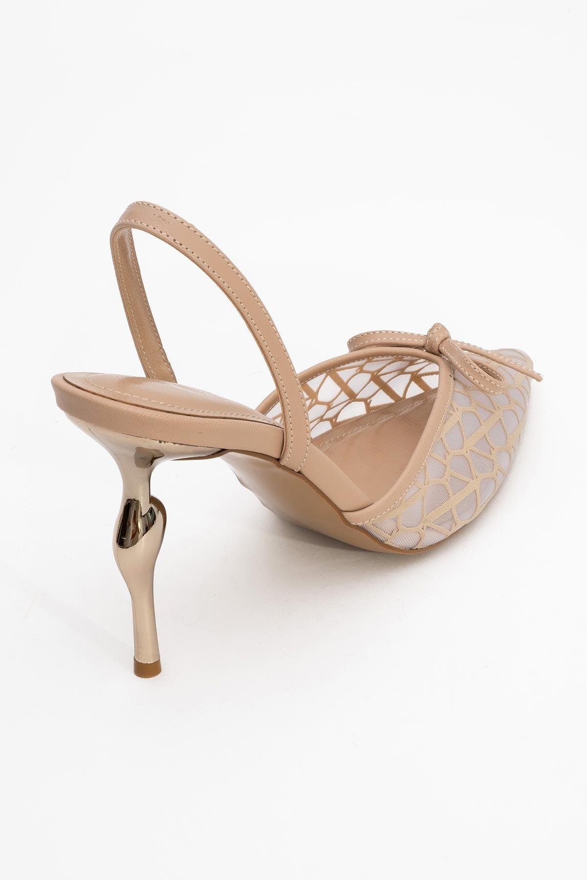 Peony - Beige Mesh Bow Pointed Toe Pump – back view showing bow, leather, mesh, SimmiUnique