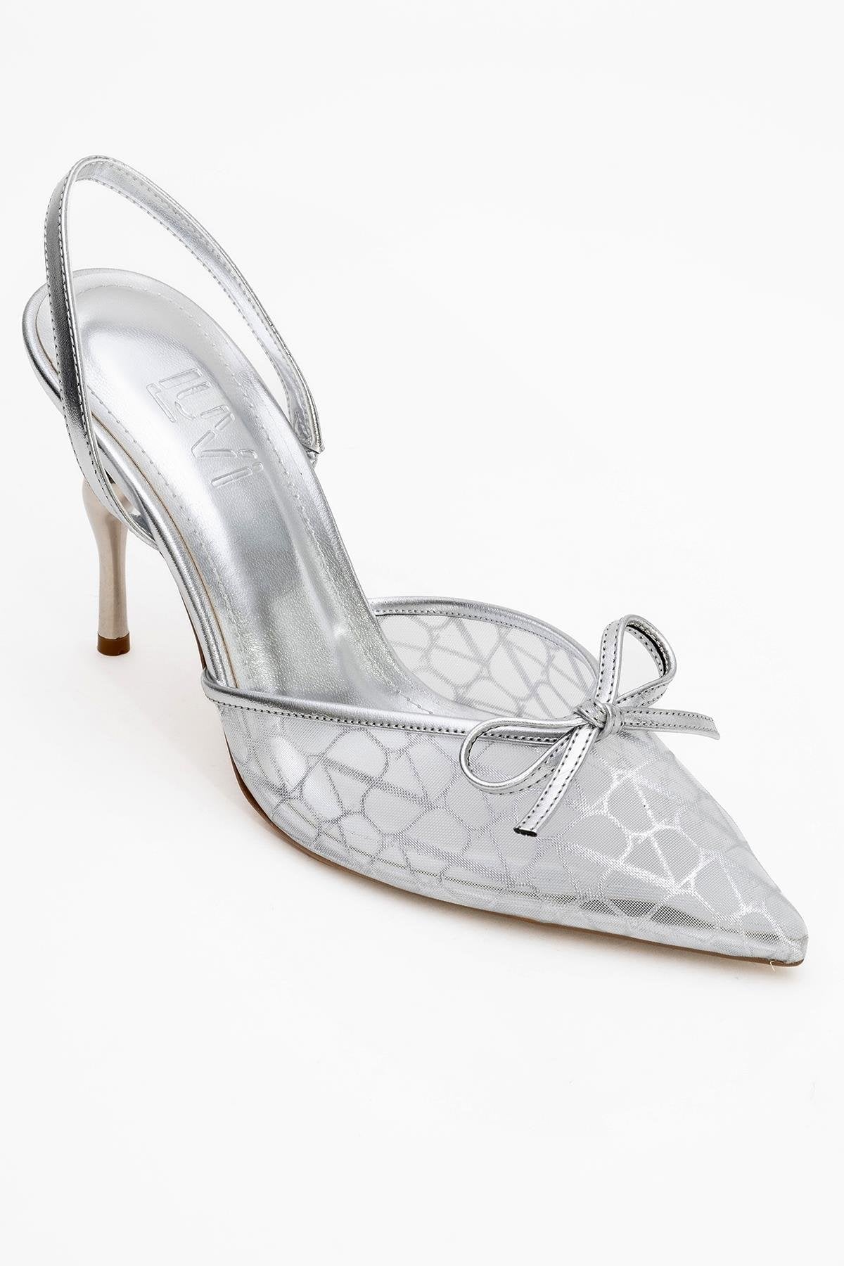 Peony - Silver Mesh Bow Pointed Toe Pump – detail view showing bow, leather, mesh, SimmiUnique