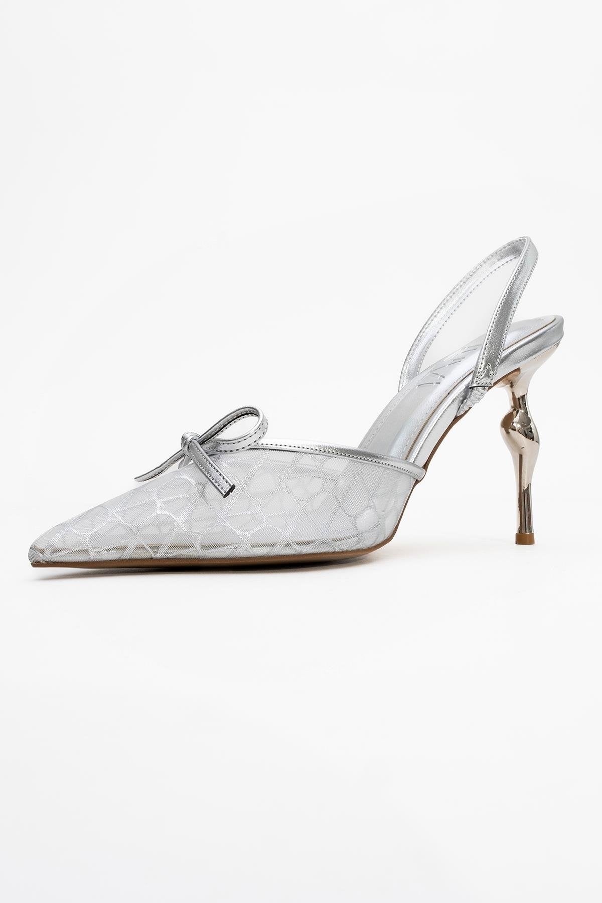 Peony - Silver Mesh Bow Pointed Toe Pump – heel view showing bow, leather, mesh, SimmiUnique