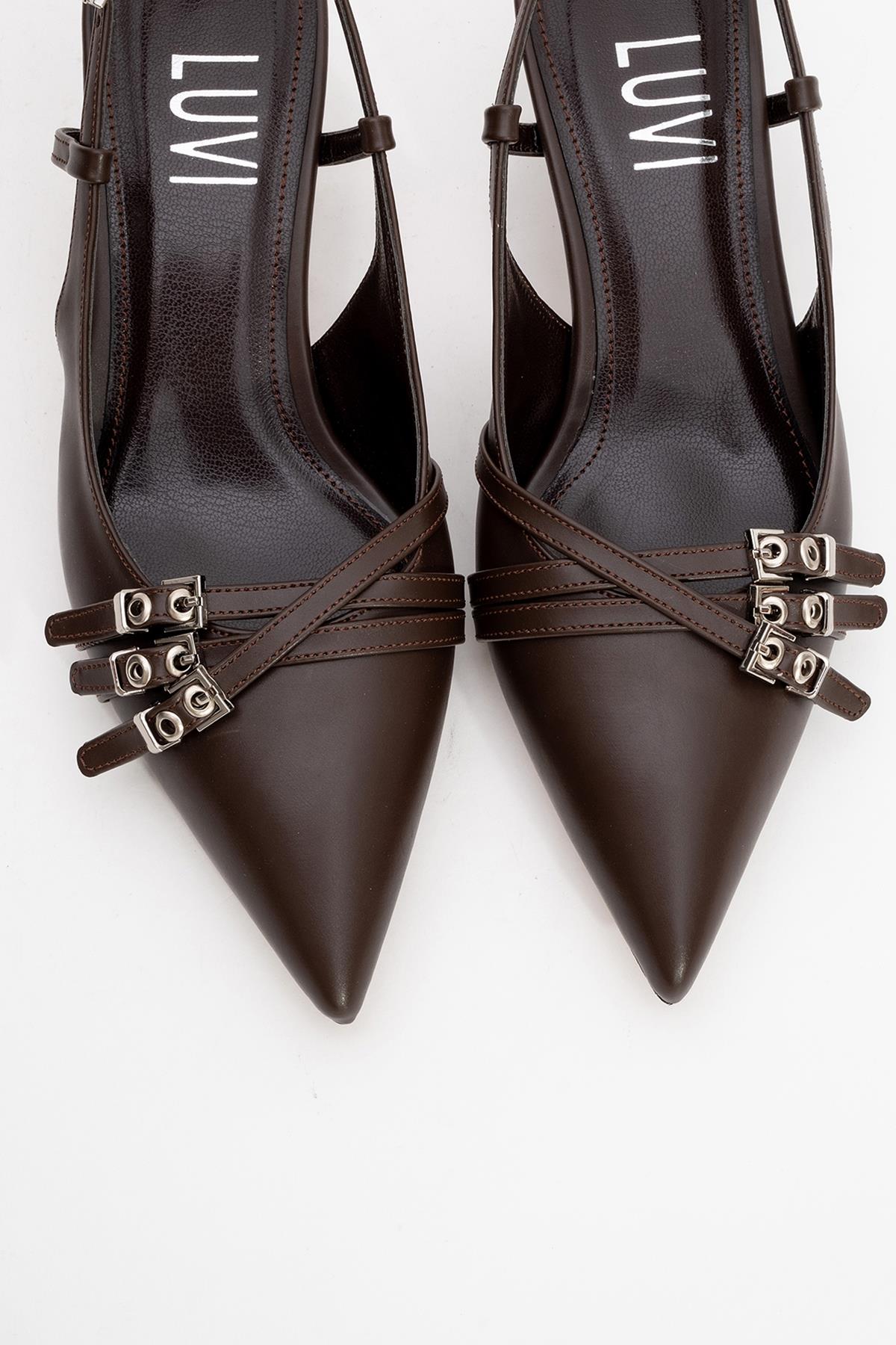 Woss - Brown Belt-Detail Heeled Shoe – side view showing leather, SimmiUnique
