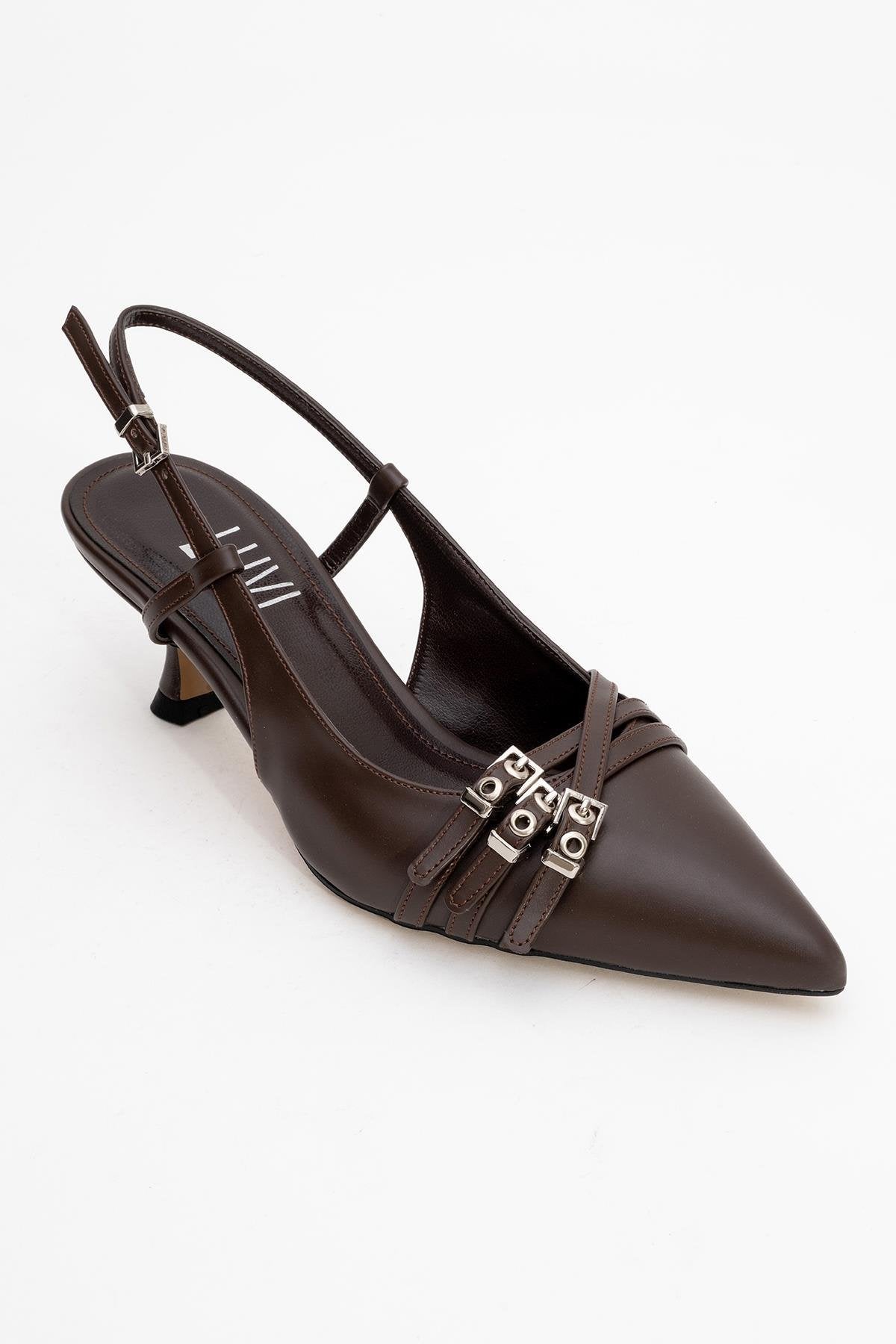 Woss - Brown Belt-Detail Heeled Shoe – detail view showing leather, SimmiUnique