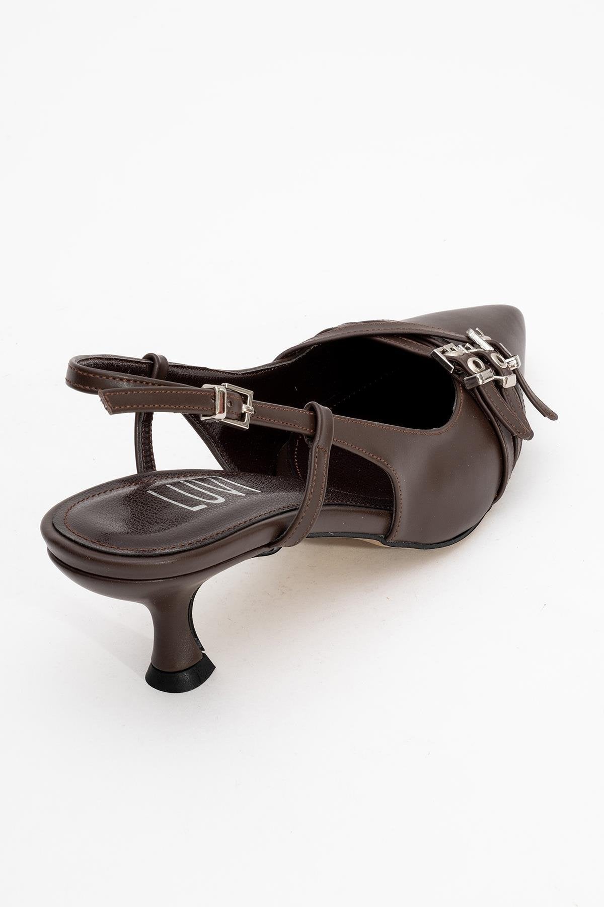 Woss - Brown Belt-Detail Heeled Shoe – back view showing leather, SimmiUnique