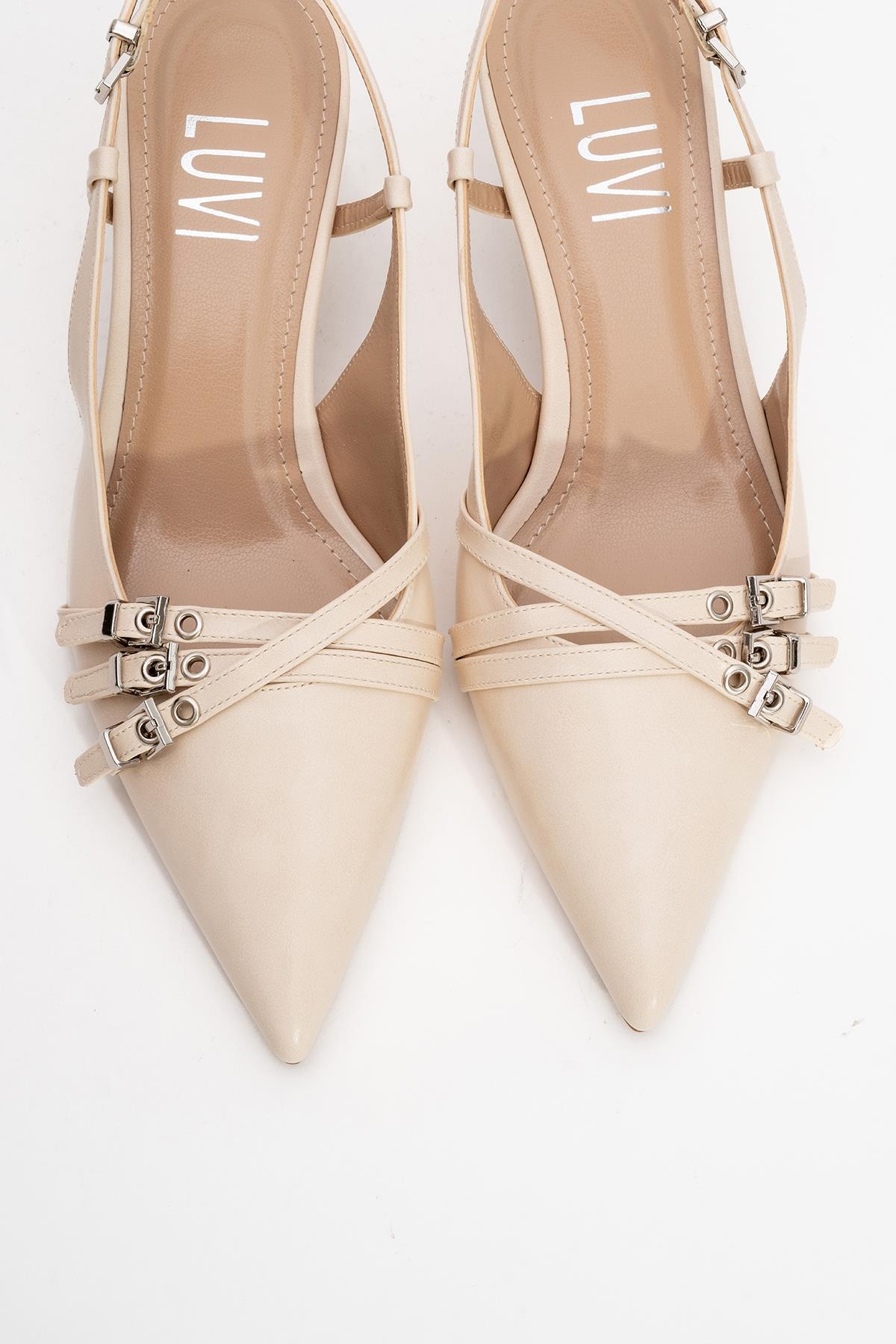 Woss - Beige Belt-Detail Heeled Shoe – side view showing leather, SimmiUnique