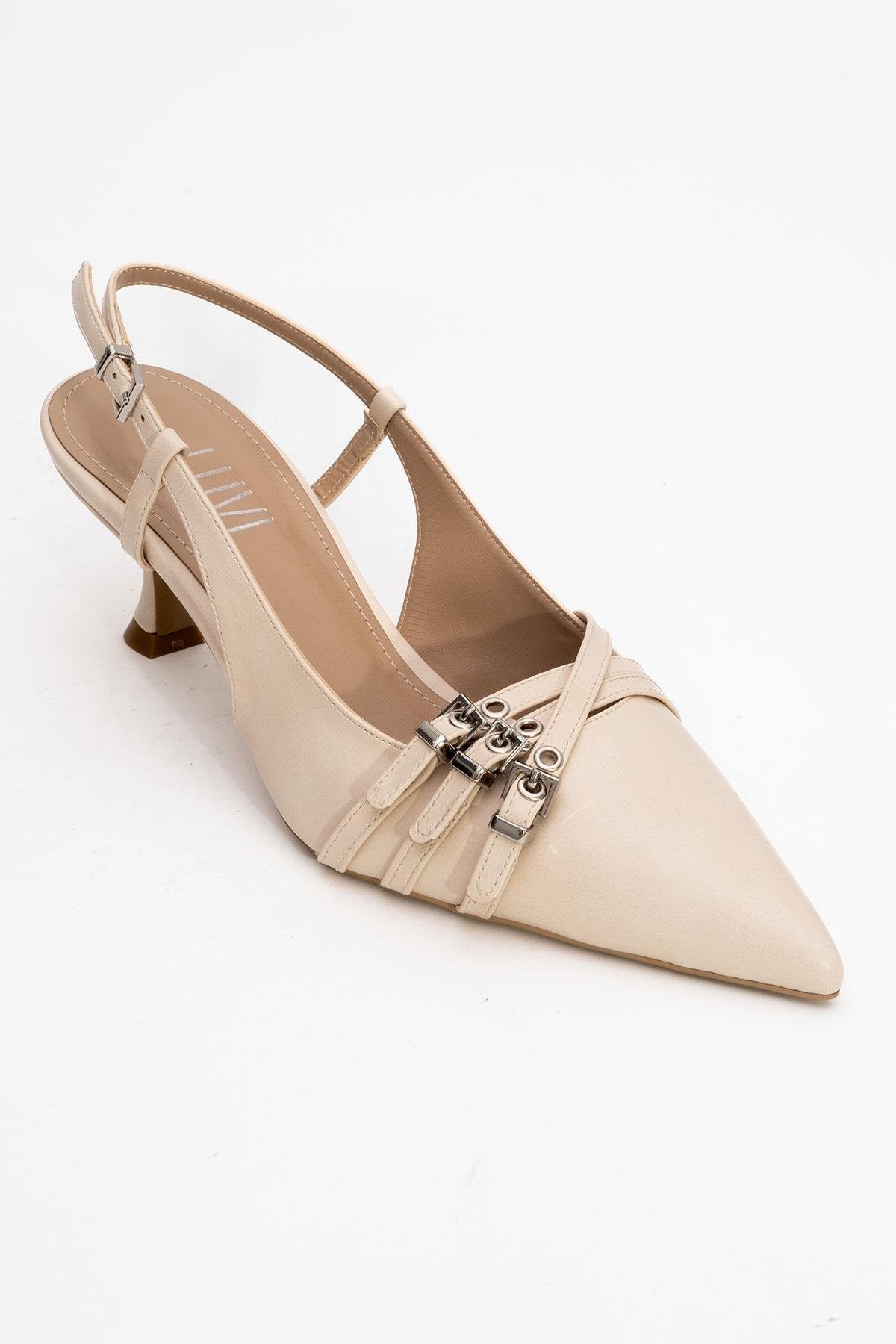 Woss - Beige Belt-Detail Heeled Shoe – detail view showing leather, SimmiUnique