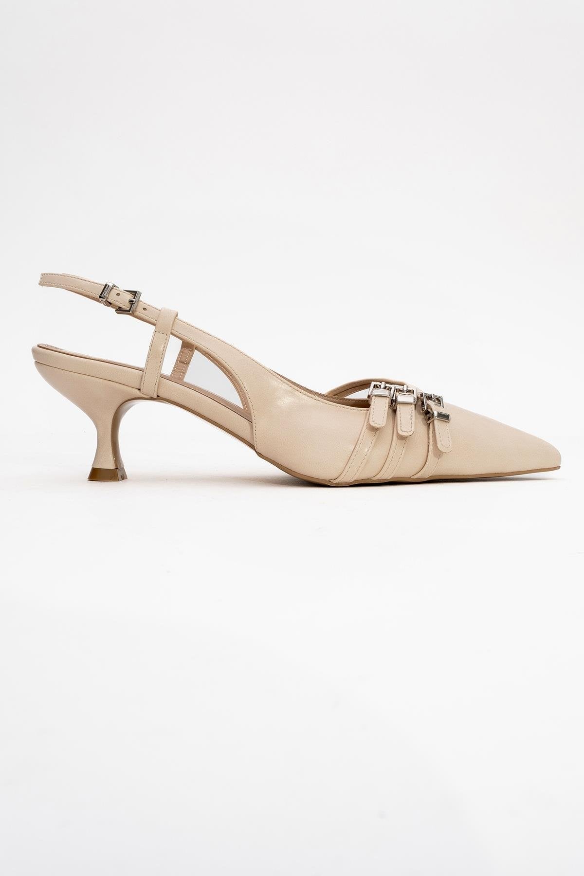 Woss - Beige Belt-Detail Heeled Shoe – top view showing leather, SimmiUnique