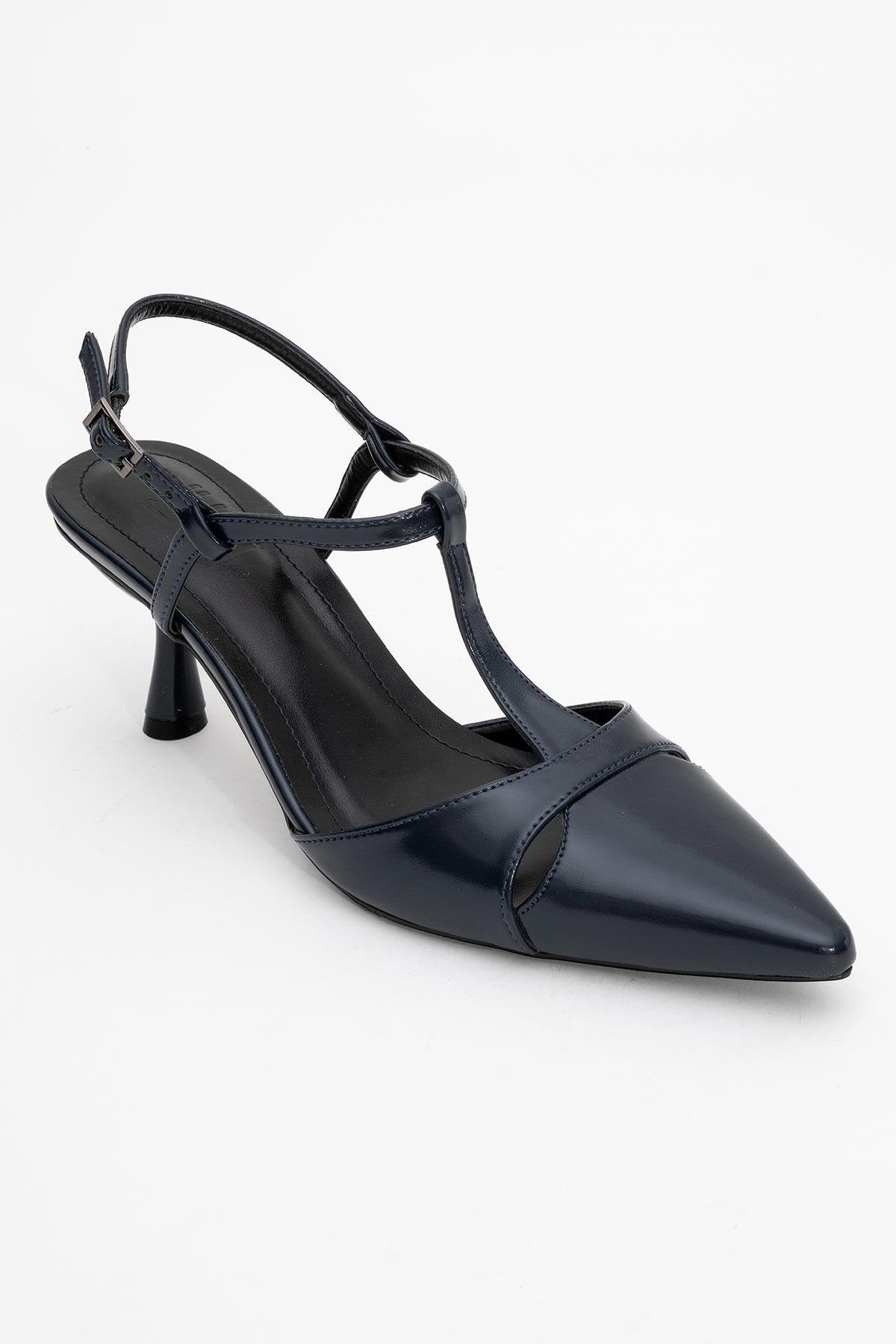 Abelia - Navy Stiletto Pump – detail view showing leather, red, SimmiUnique