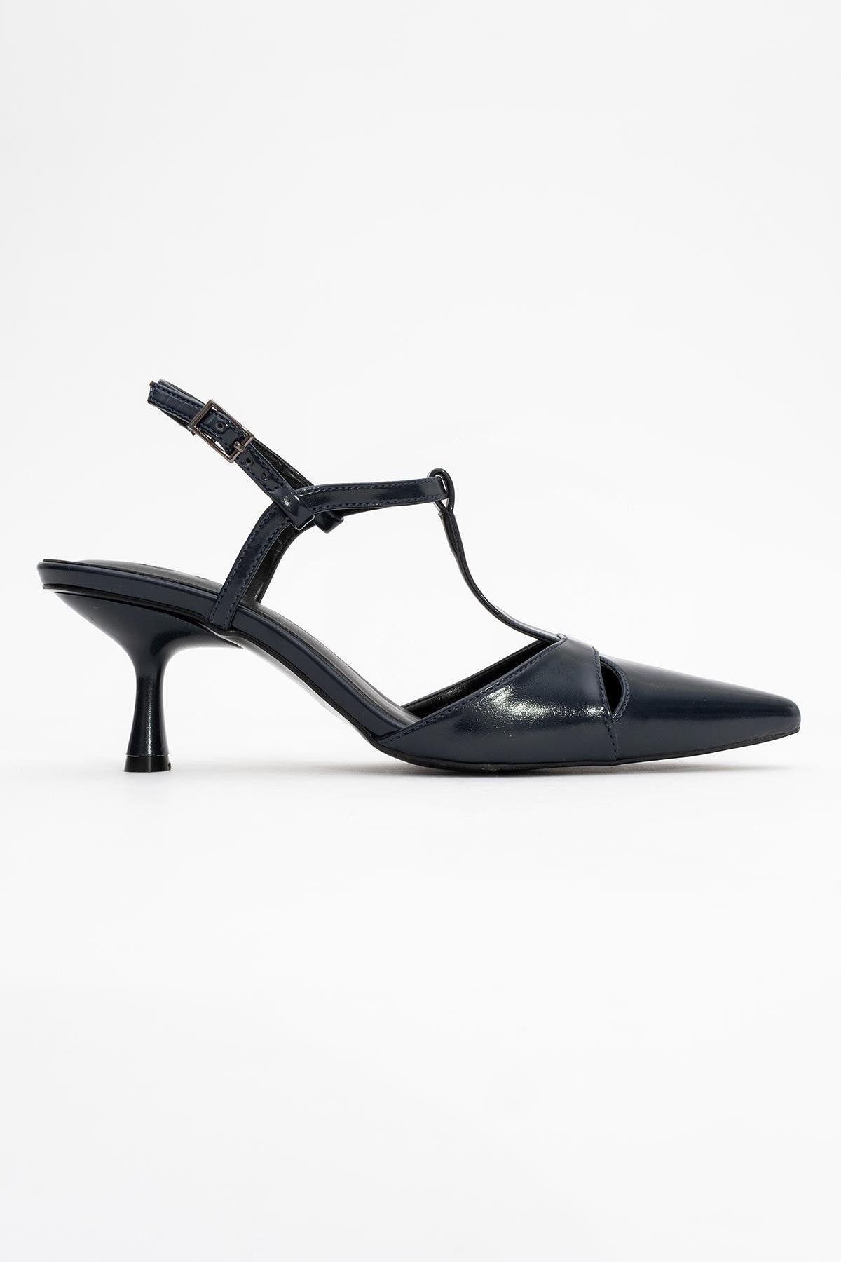 Abelia - Navy Stiletto Pump – top view showing leather, red, SimmiUnique