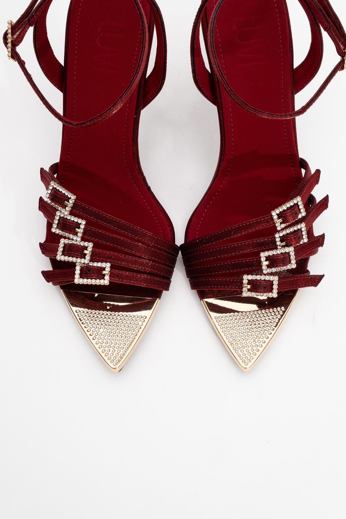 Auro - Burgundy Satin Embellished Buckled High Heel Pump – side view showing satin, metallic, SimmiUnique