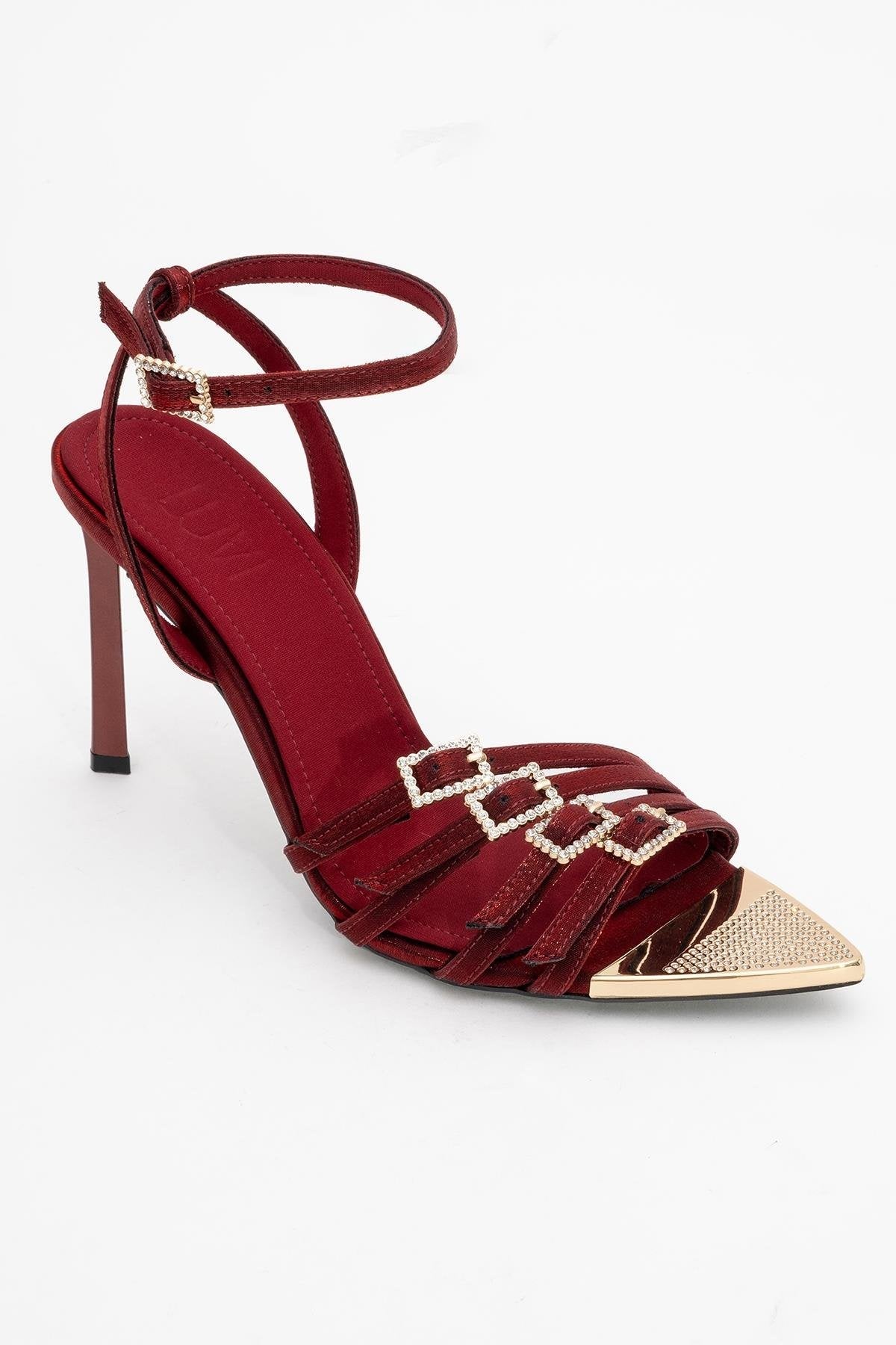Auro - Burgundy Satin Embellished Buckled High Heel Pump – detail view showing satin, metallic, SimmiUnique