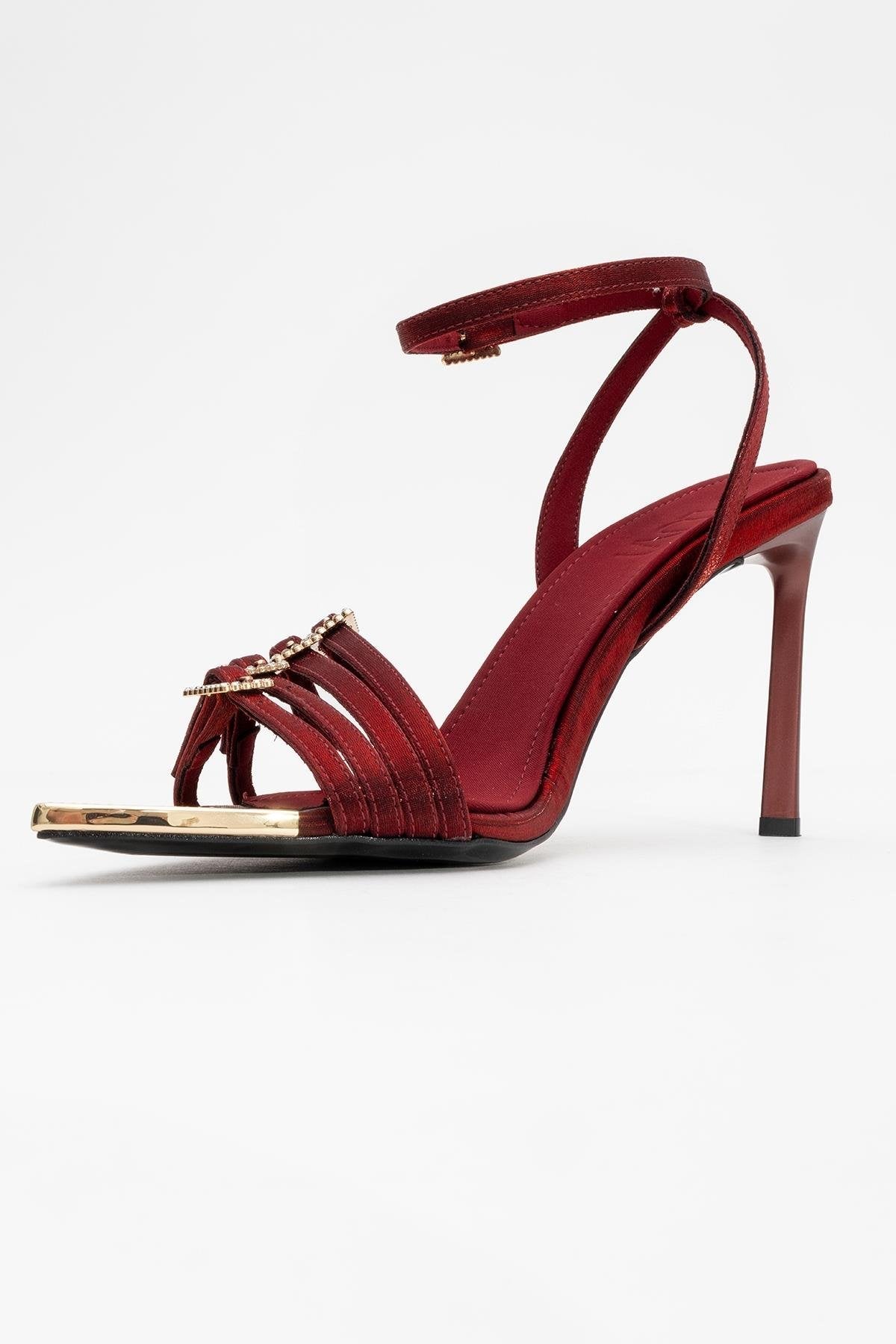 Auro - Burgundy Satin Embellished Buckled High Heel Pump – heel view showing satin, metallic, SimmiUnique