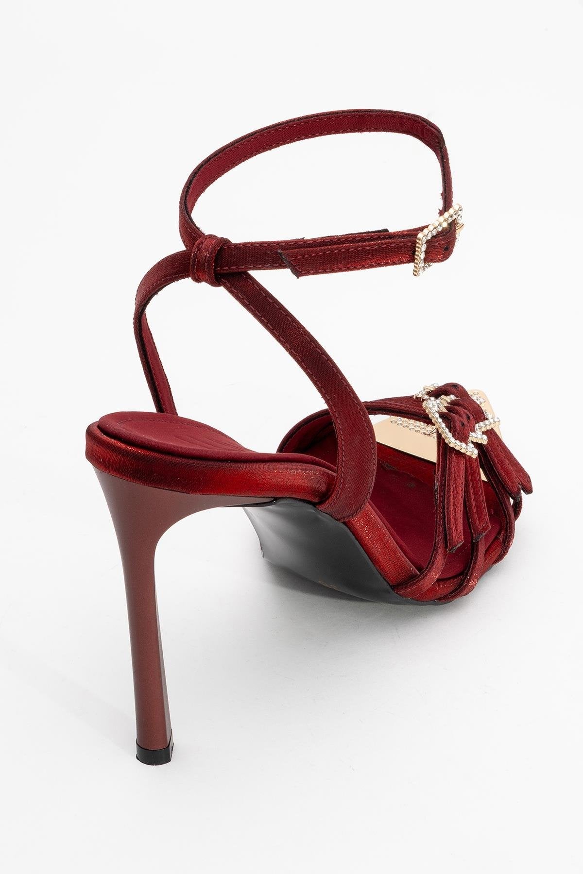 Auro - Burgundy Satin Embellished Buckled High Heel Pump – back view showing satin, metallic, SimmiUnique