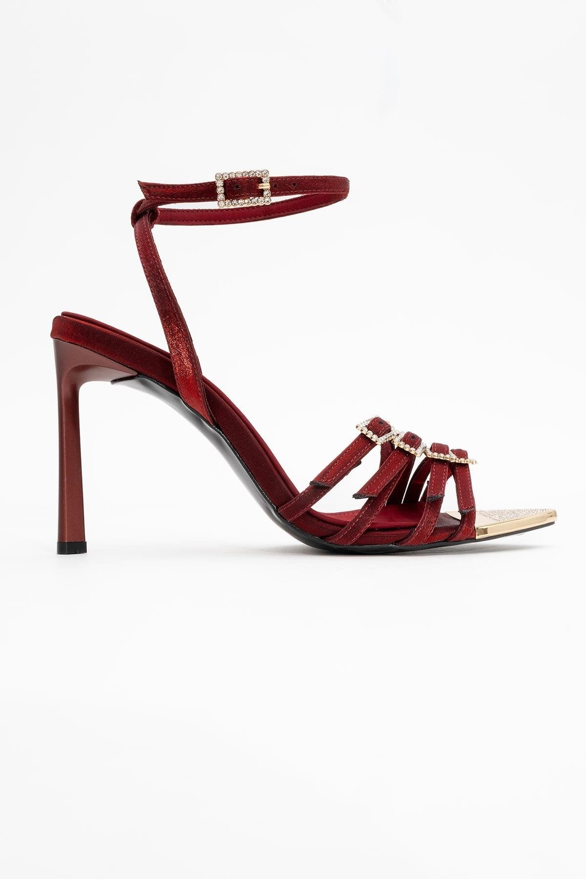 Auro - Burgundy Satin Embellished Buckled High Heel Pump – top view showing satin, metallic, SimmiUnique