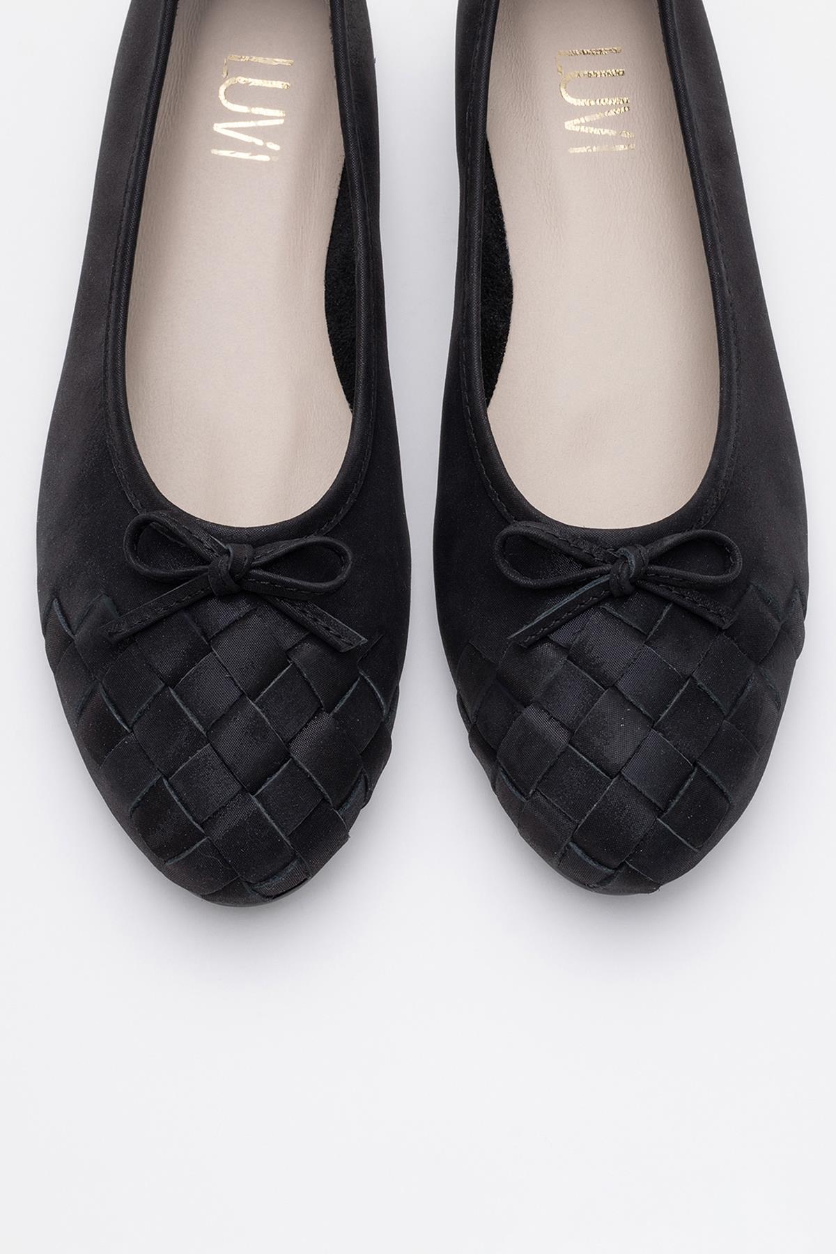 03 - Black Glitter Genuine Leather Ballet Flat – side view showing leather, glitter, black, SimmiUnique