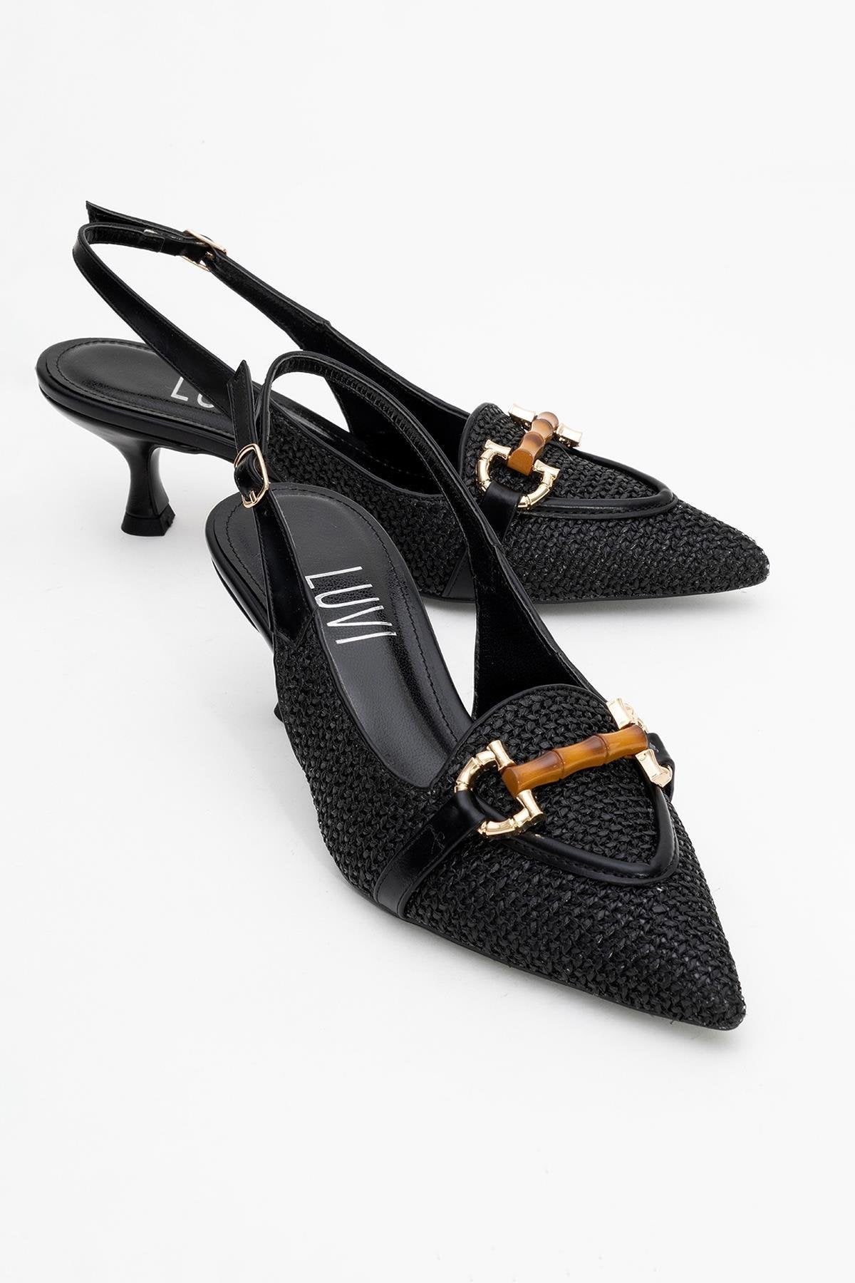 Osca - Black Pointed Toe Buckled Slingback Stiletto Pump – front three-quarter view showing leather, black, SimmiUnique