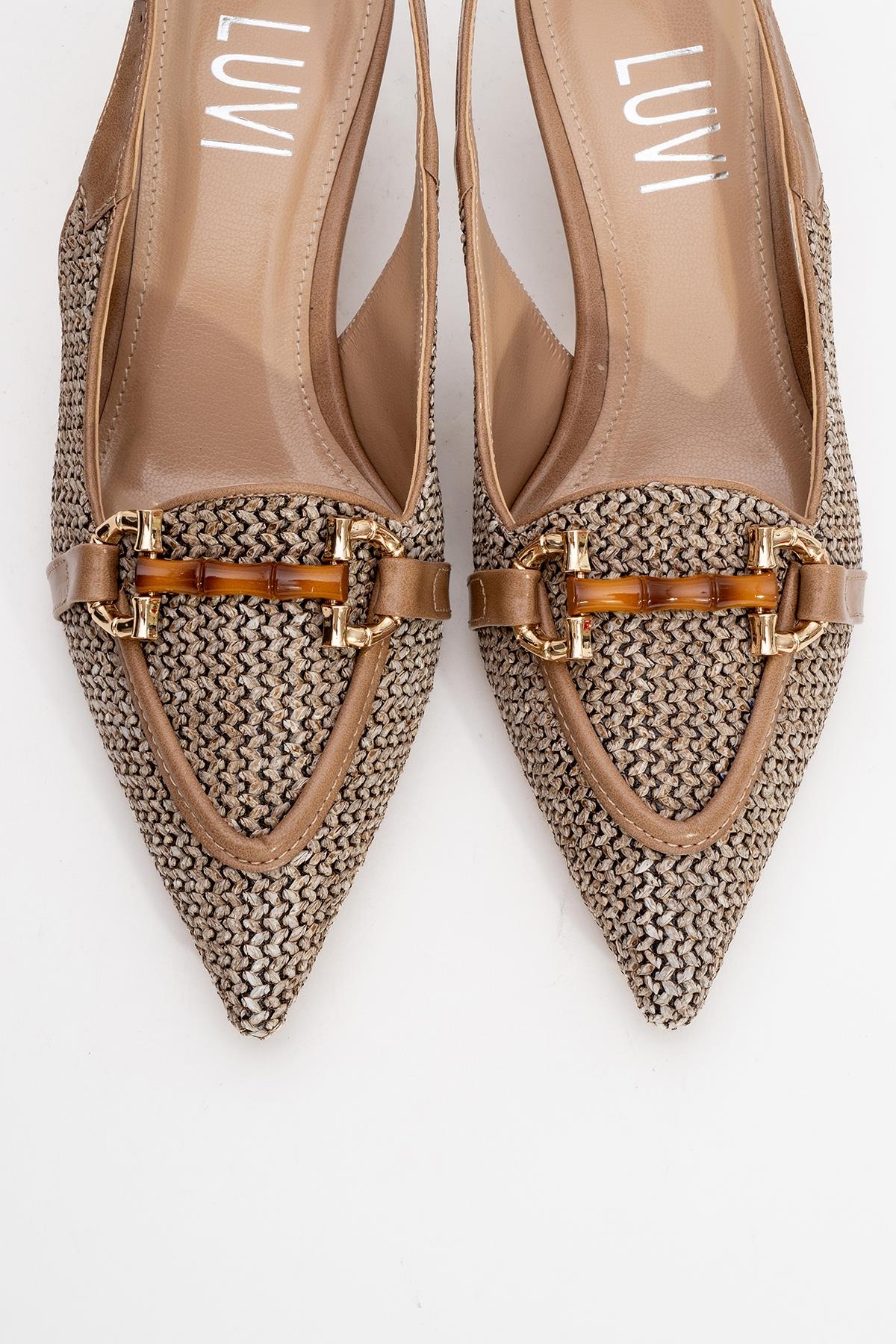Osca - Dark Beige Raffia Buckle Pointed Toe High Heel – side view showing leather, red, SimmiUnique