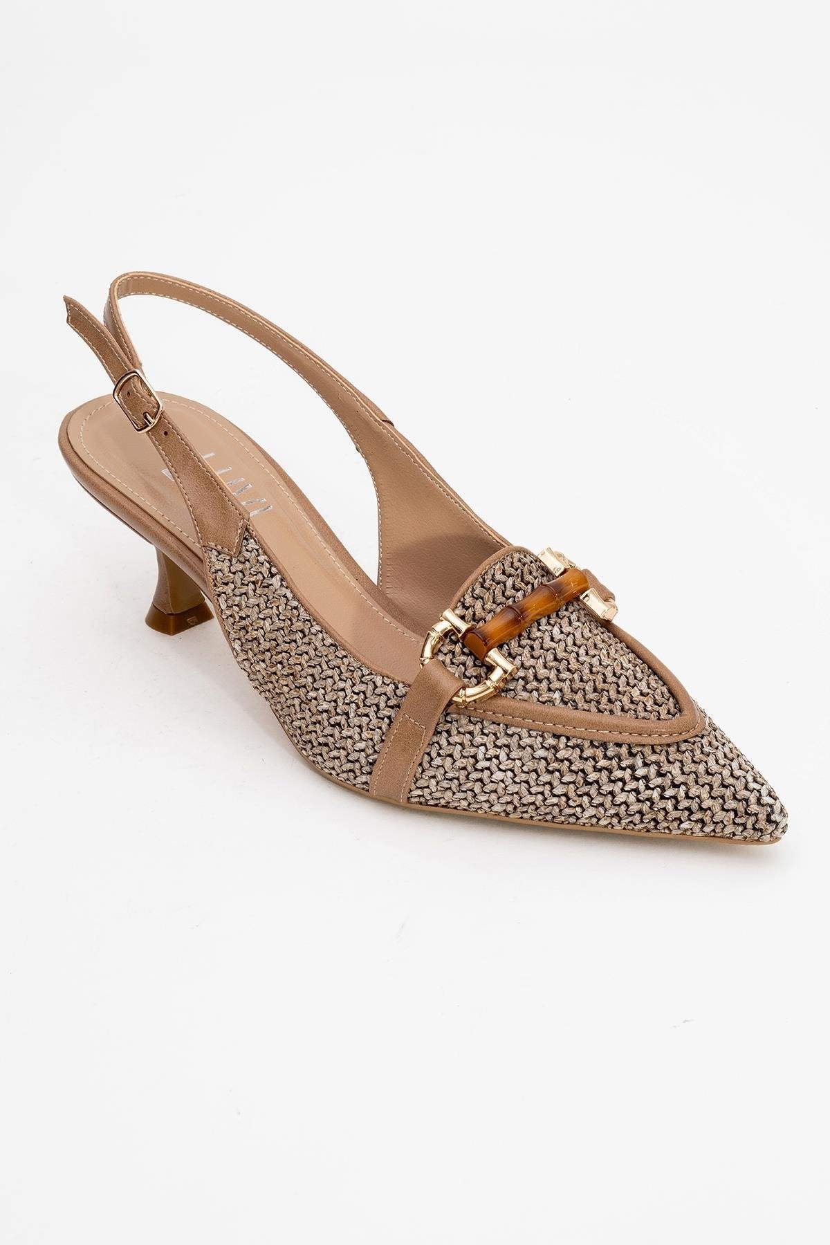 Osca - Dark Beige Raffia Buckle Pointed Toe High Heel – detail view showing leather, red, SimmiUnique