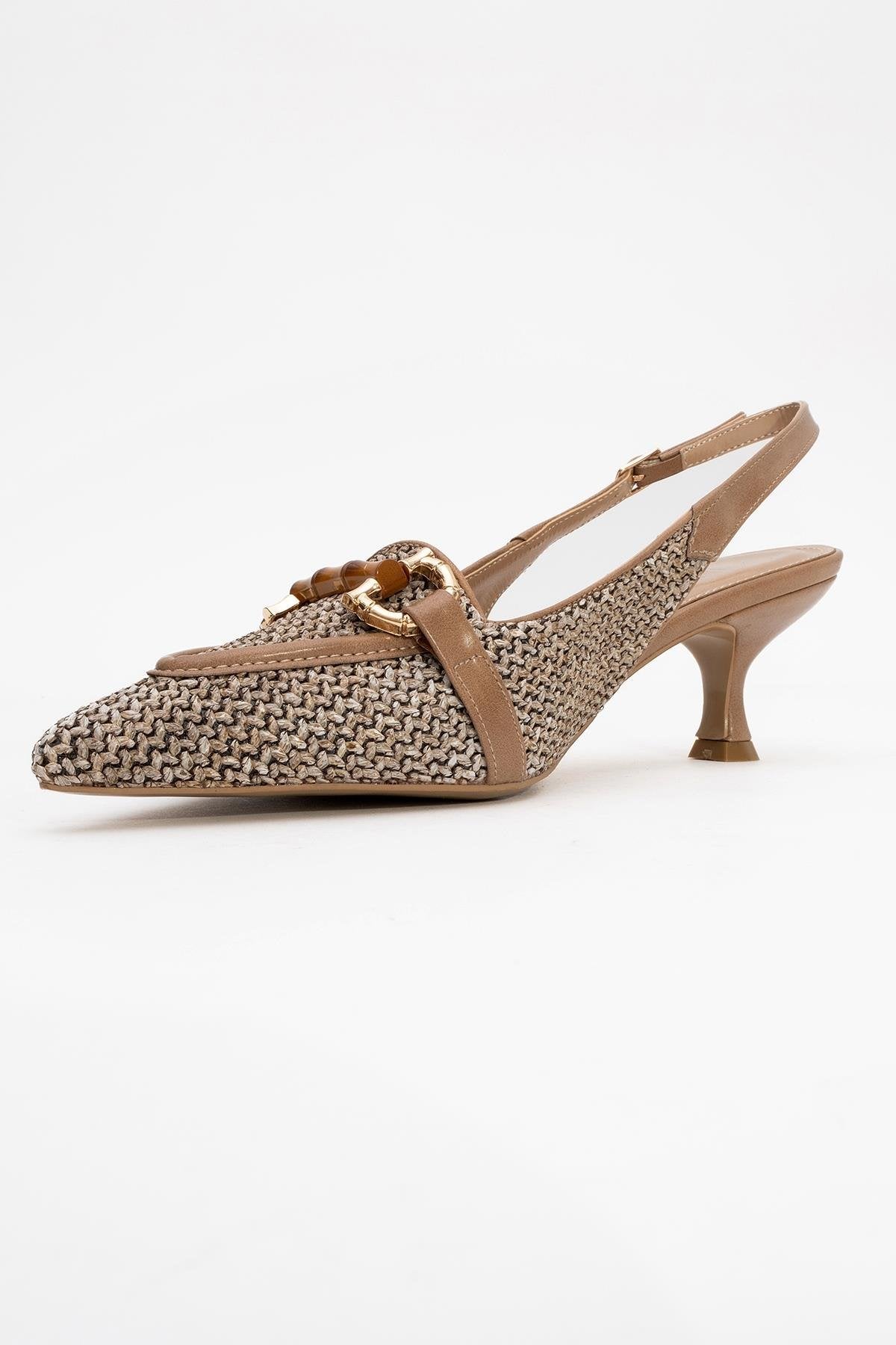 Osca - Dark Beige Raffia Buckle Pointed Toe High Heel – heel view showing leather, red, SimmiUnique