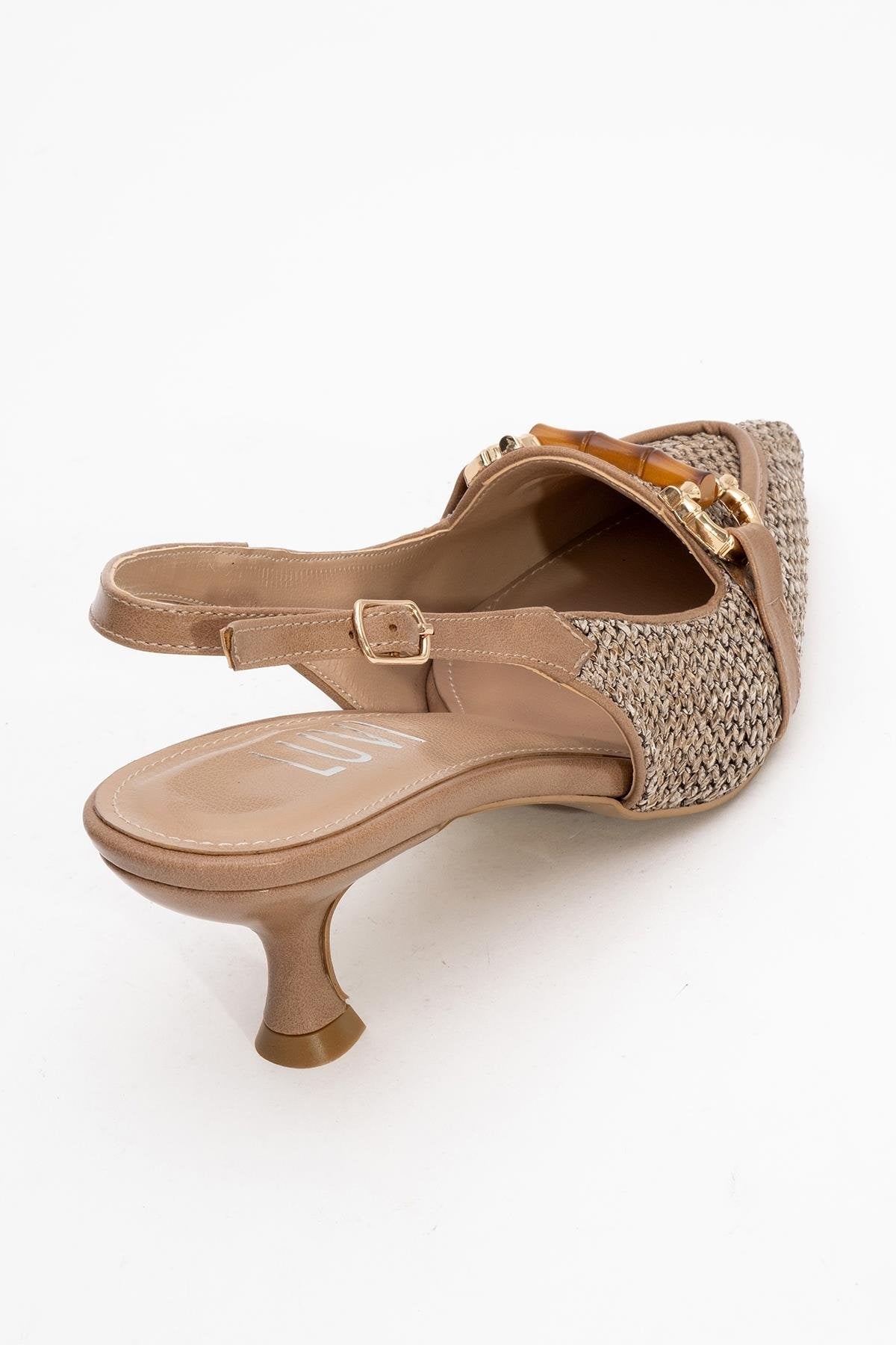 Osca - Dark Beige Raffia Buckle Pointed Toe High Heel – back view showing leather, red, SimmiUnique