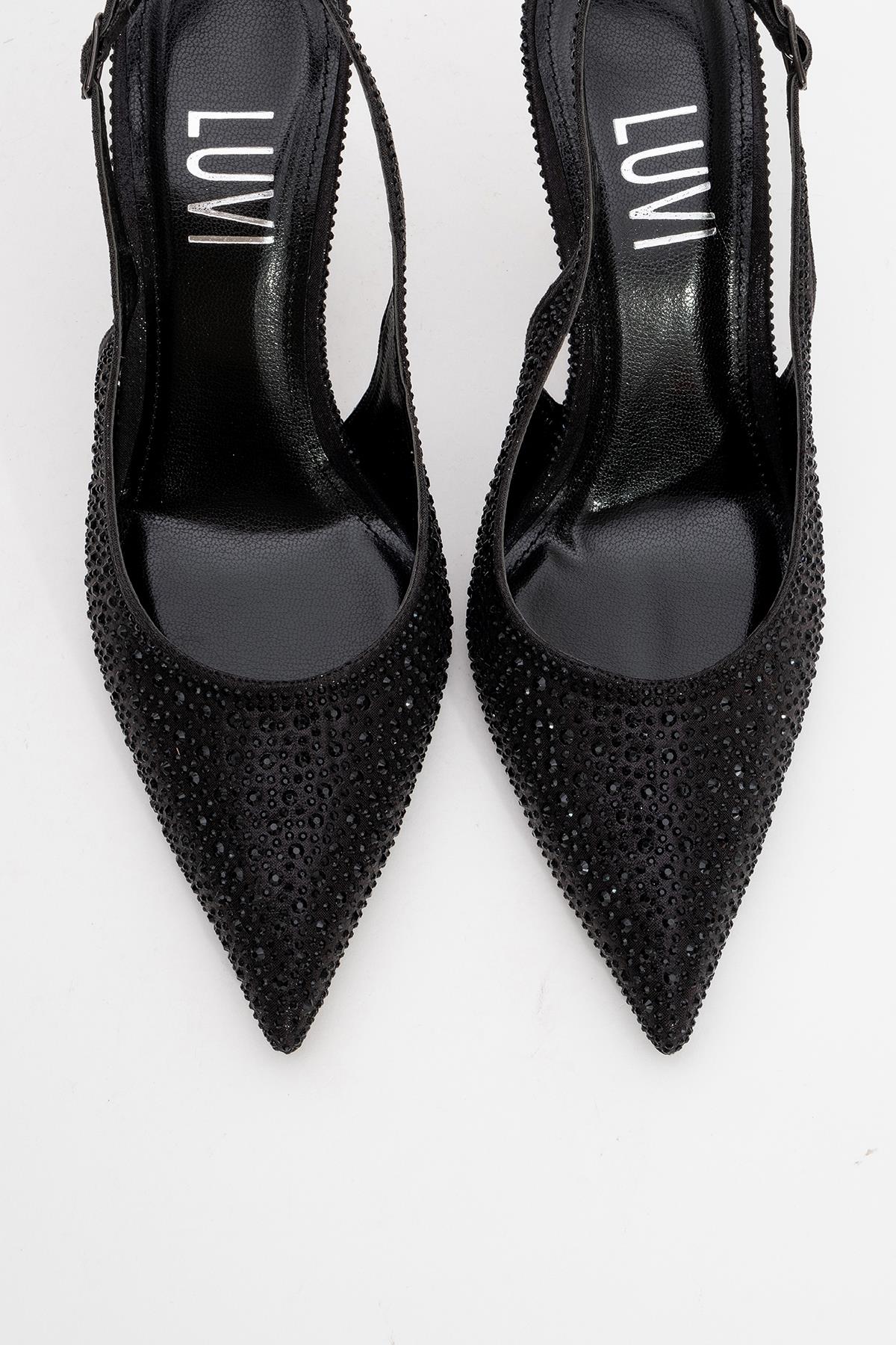 Roya - Black Jeweled Pointed Toe Stiletto – side view showing leather, black, SimmiUnique