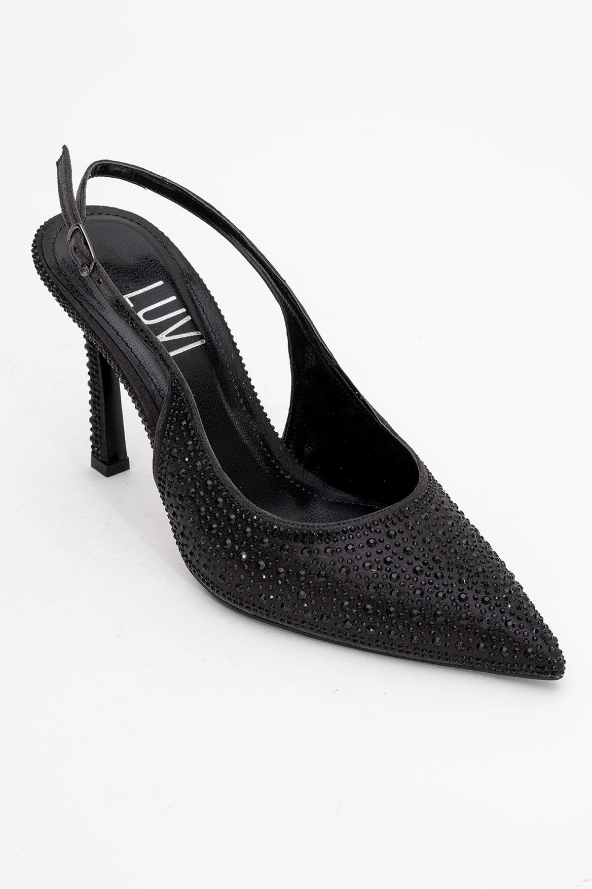 Roya - Black Jeweled Pointed Toe Stiletto – detail view showing leather, black, SimmiUnique