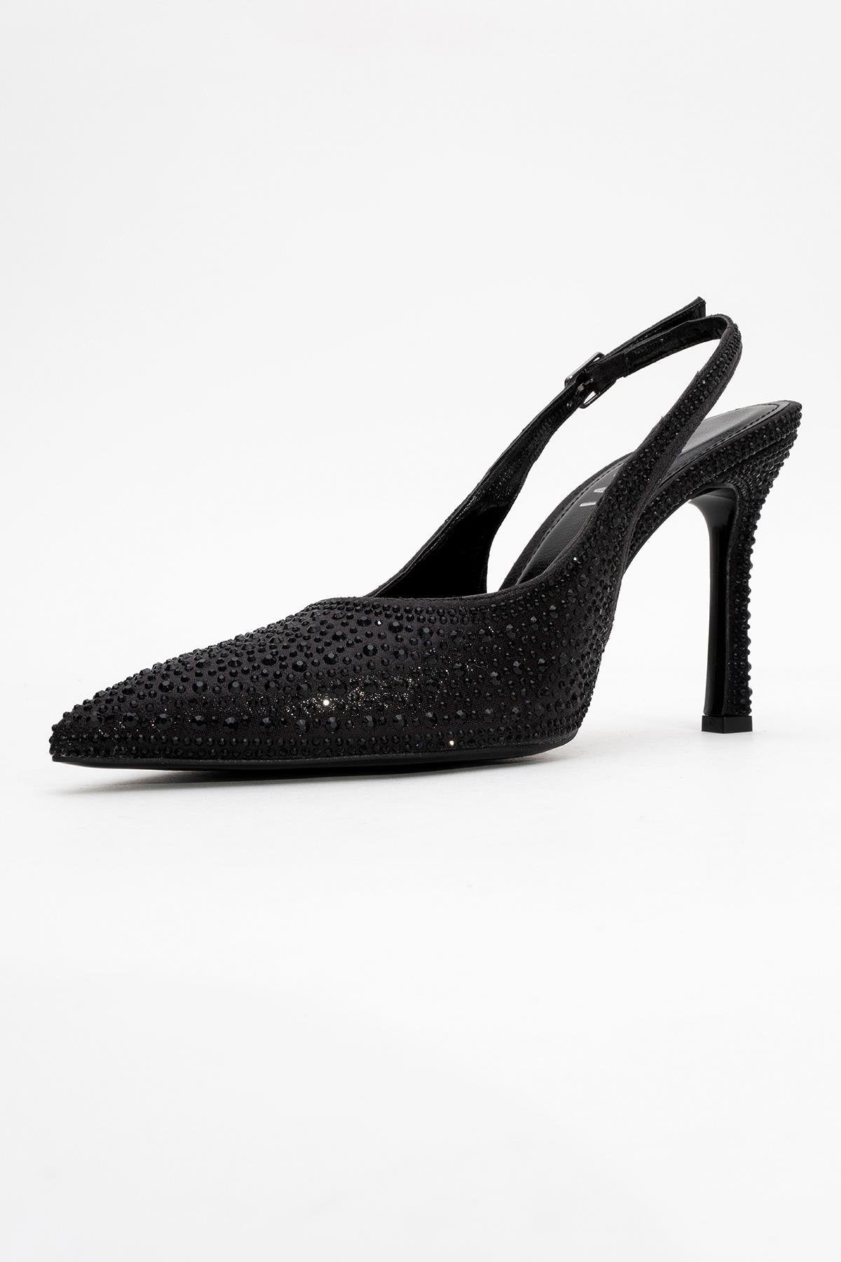 Roya - Black Jeweled Pointed Toe Stiletto – heel view showing leather, black, SimmiUnique