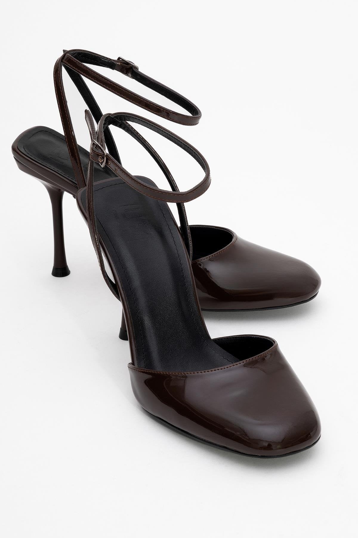 Blues - Brown Patent Round Toe Ankle-Tie High Heel – front three-quarter view showing leather, blue, SimmiUnique