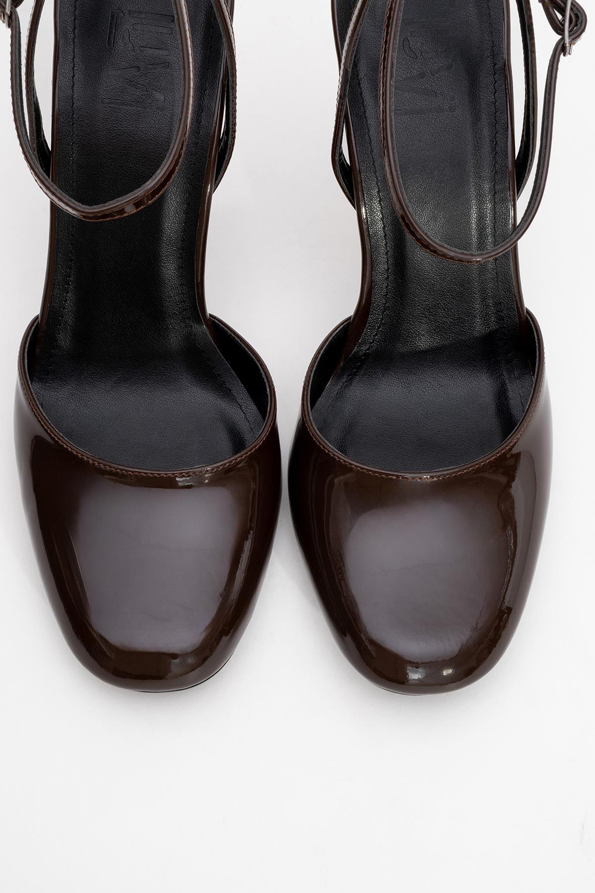 Blues - Brown Patent Round Toe Ankle-Tie High Heel – side view showing leather, blue, SimmiUnique