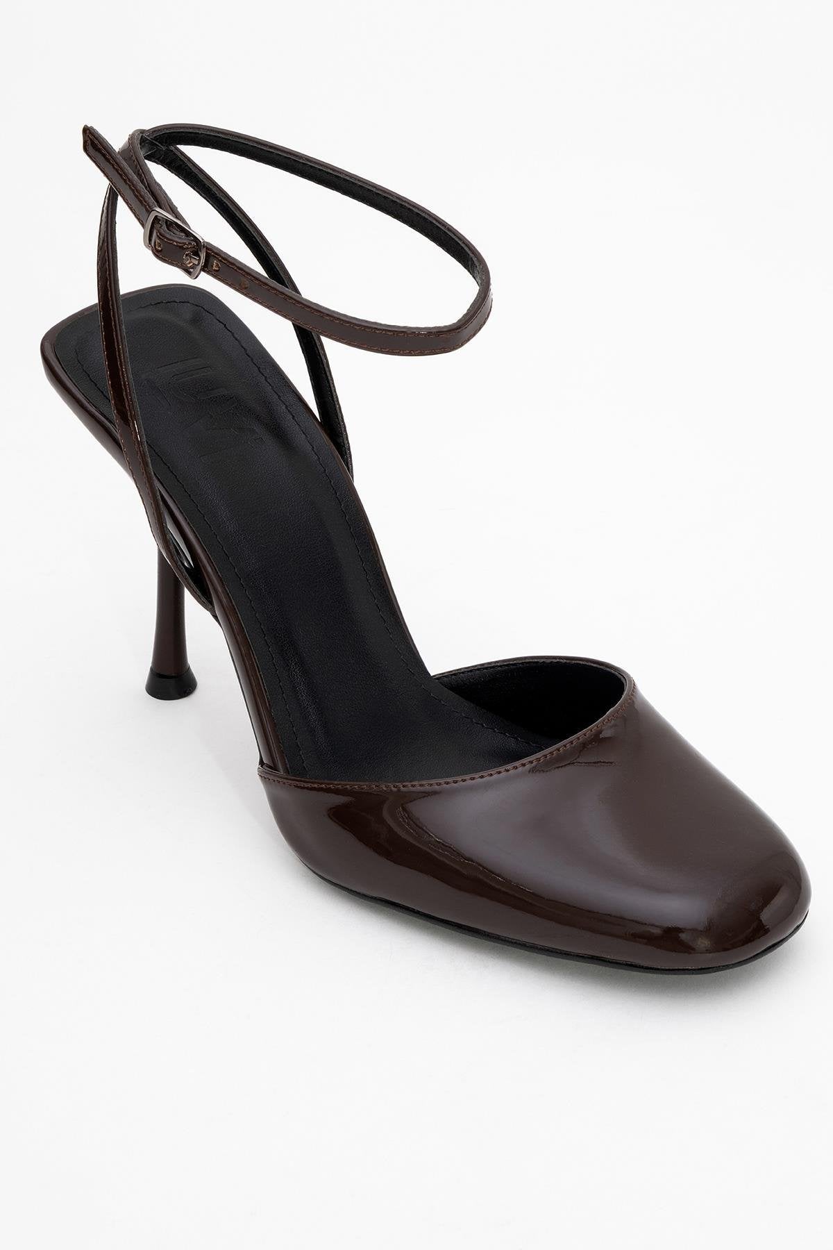 Blues - Brown Patent Round Toe Ankle-Tie High Heel – detail view showing leather, blue, SimmiUnique