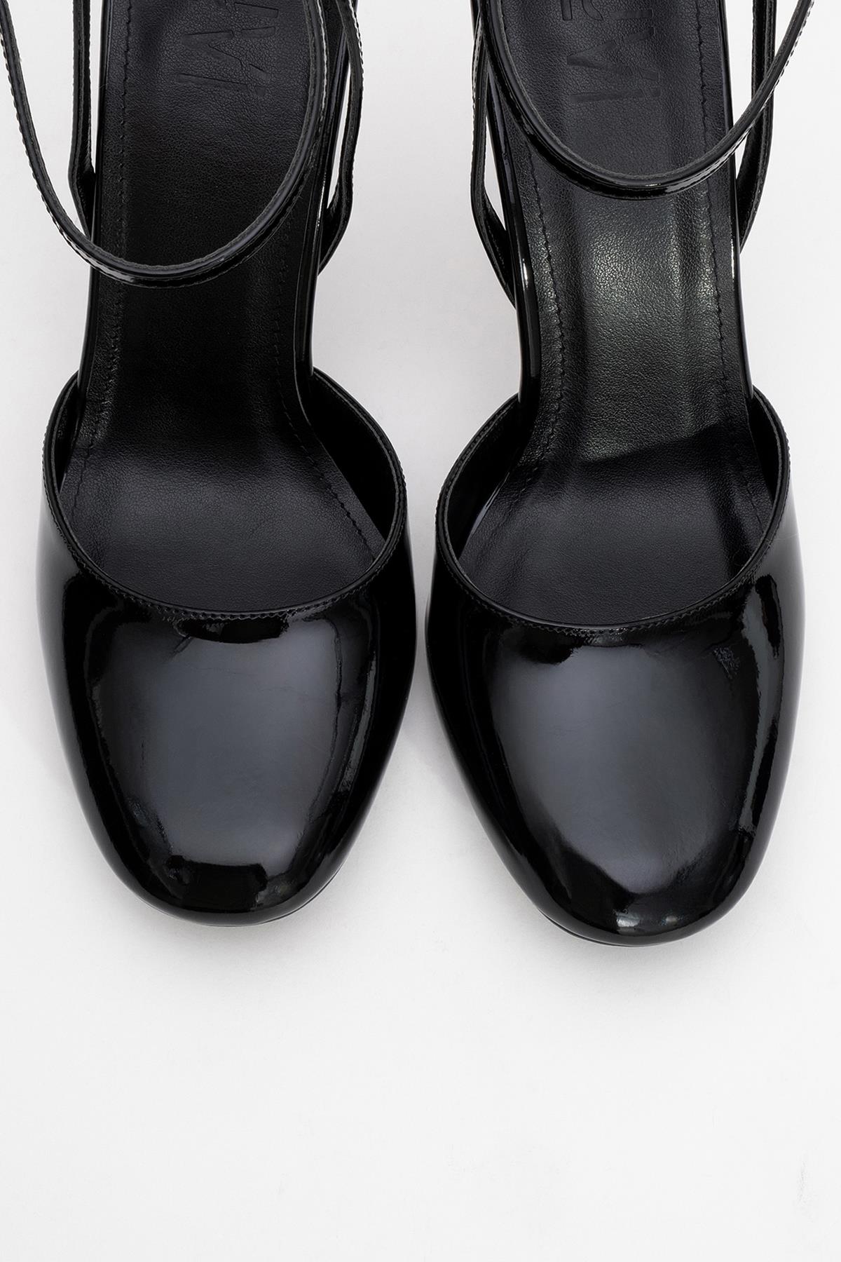 Blues - Black Patent Round Toe Ankle-Tie High Heel – side view showing leather, black, blue, SimmiUnique